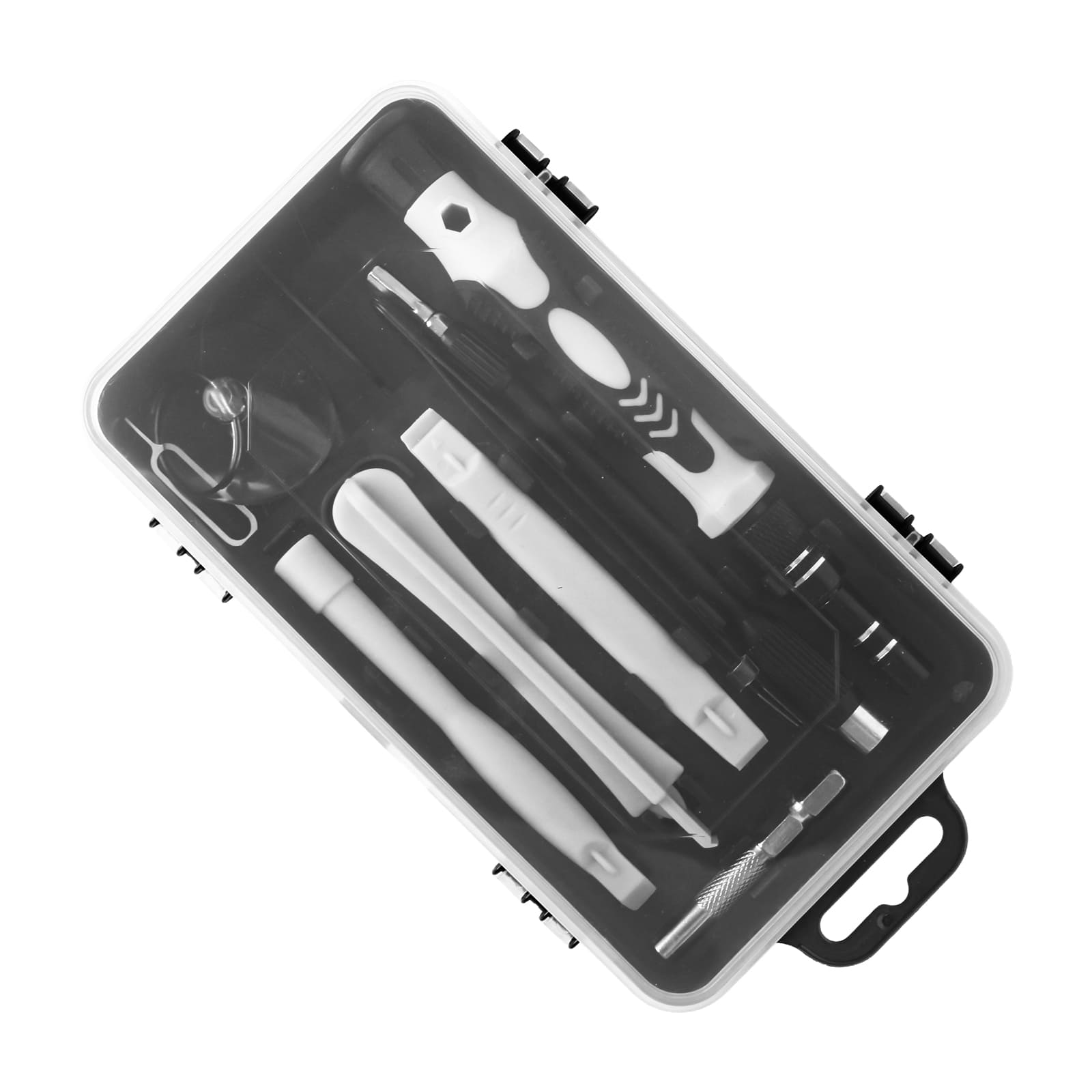 Estuche de herramientas con destornilladores y palancas de precisión, en caja transparente.
