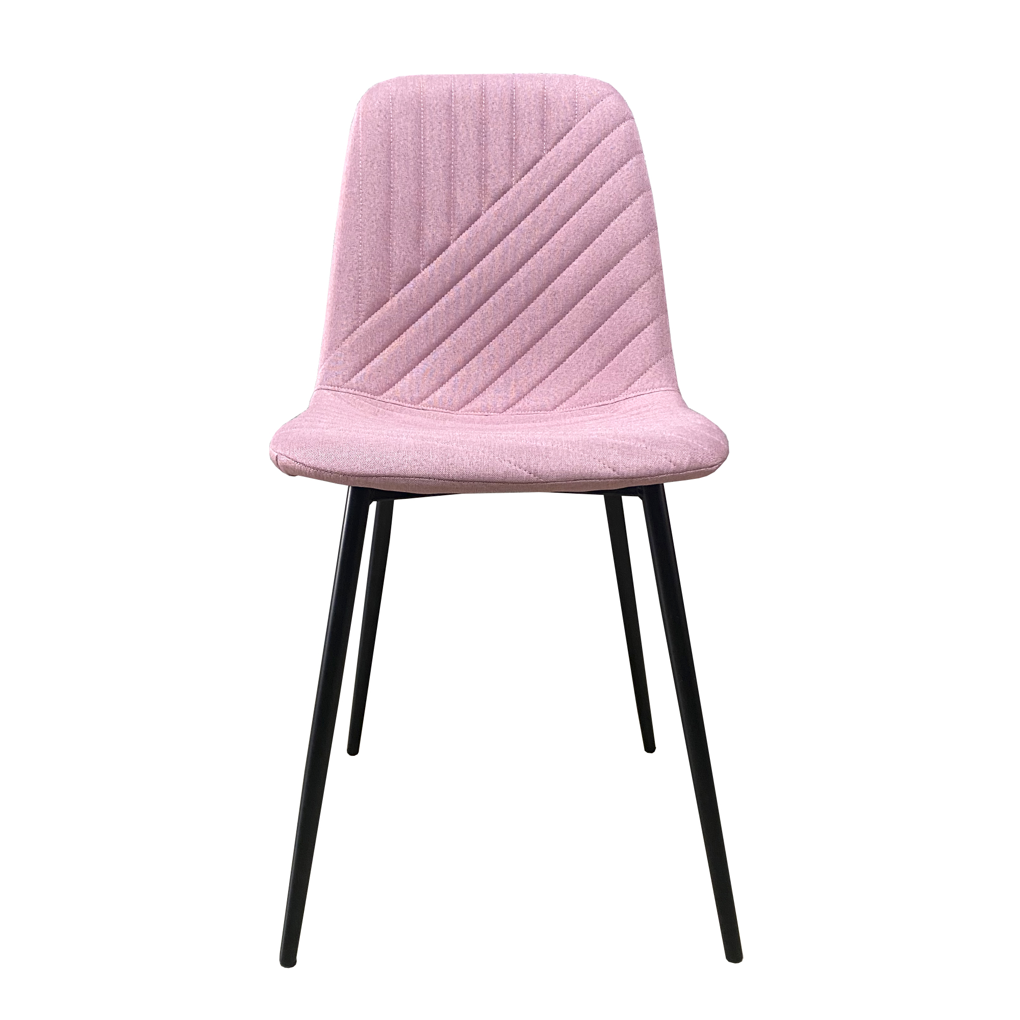 Una silla rosa con patas negras y respaldo acolchado.