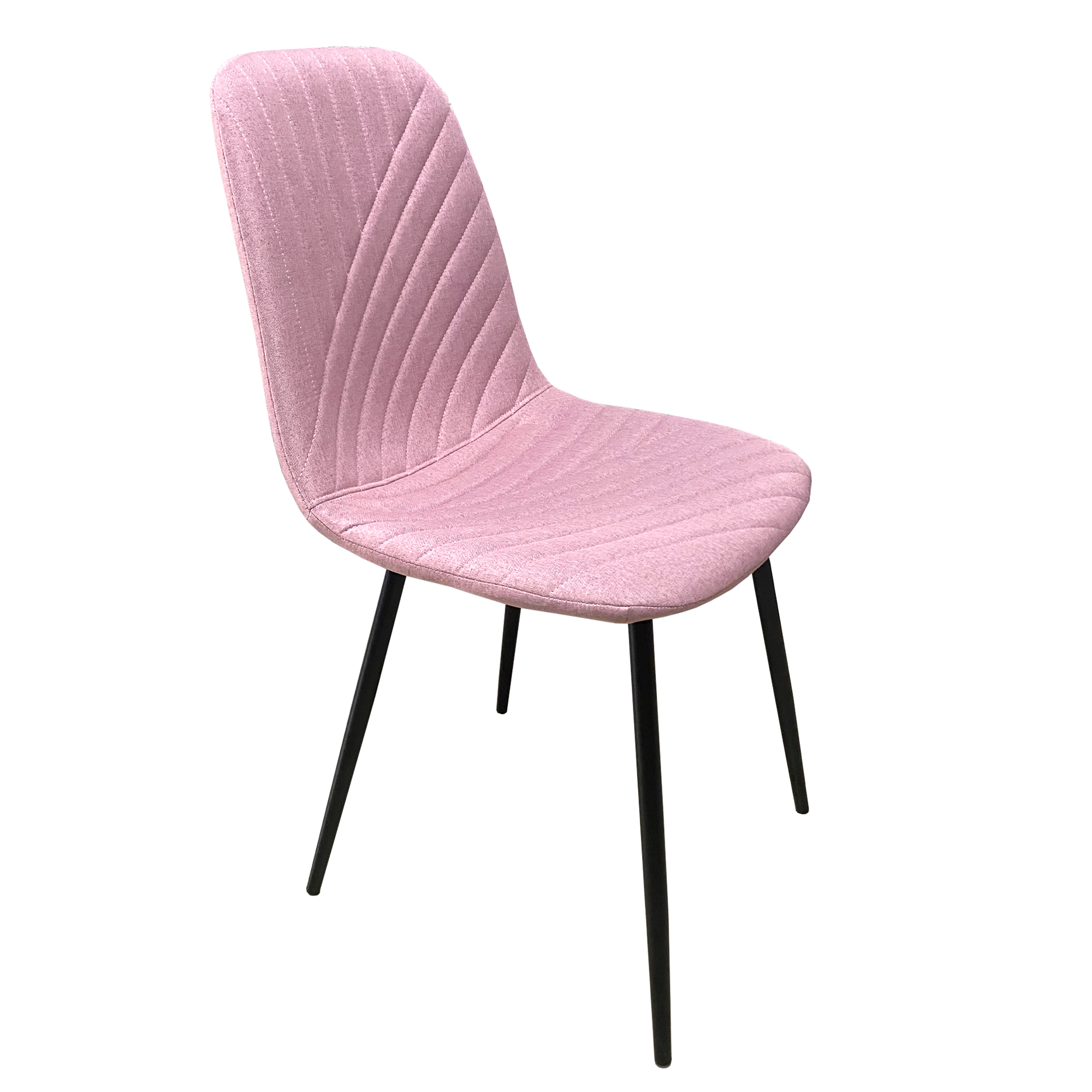 Una silla rosa con patas de metal negro y tapicería acanalada.