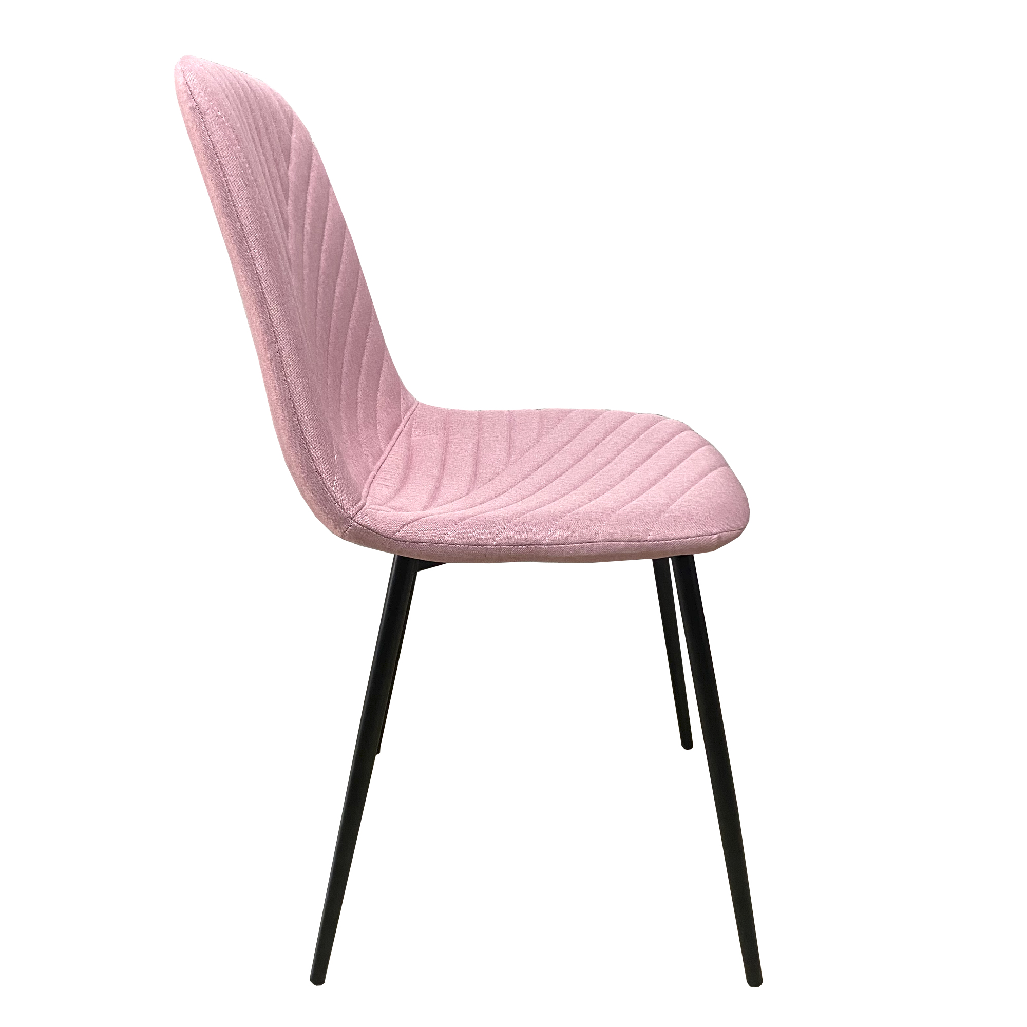 Una silla tapizada rosa con patas de metal negras, vista de lado.