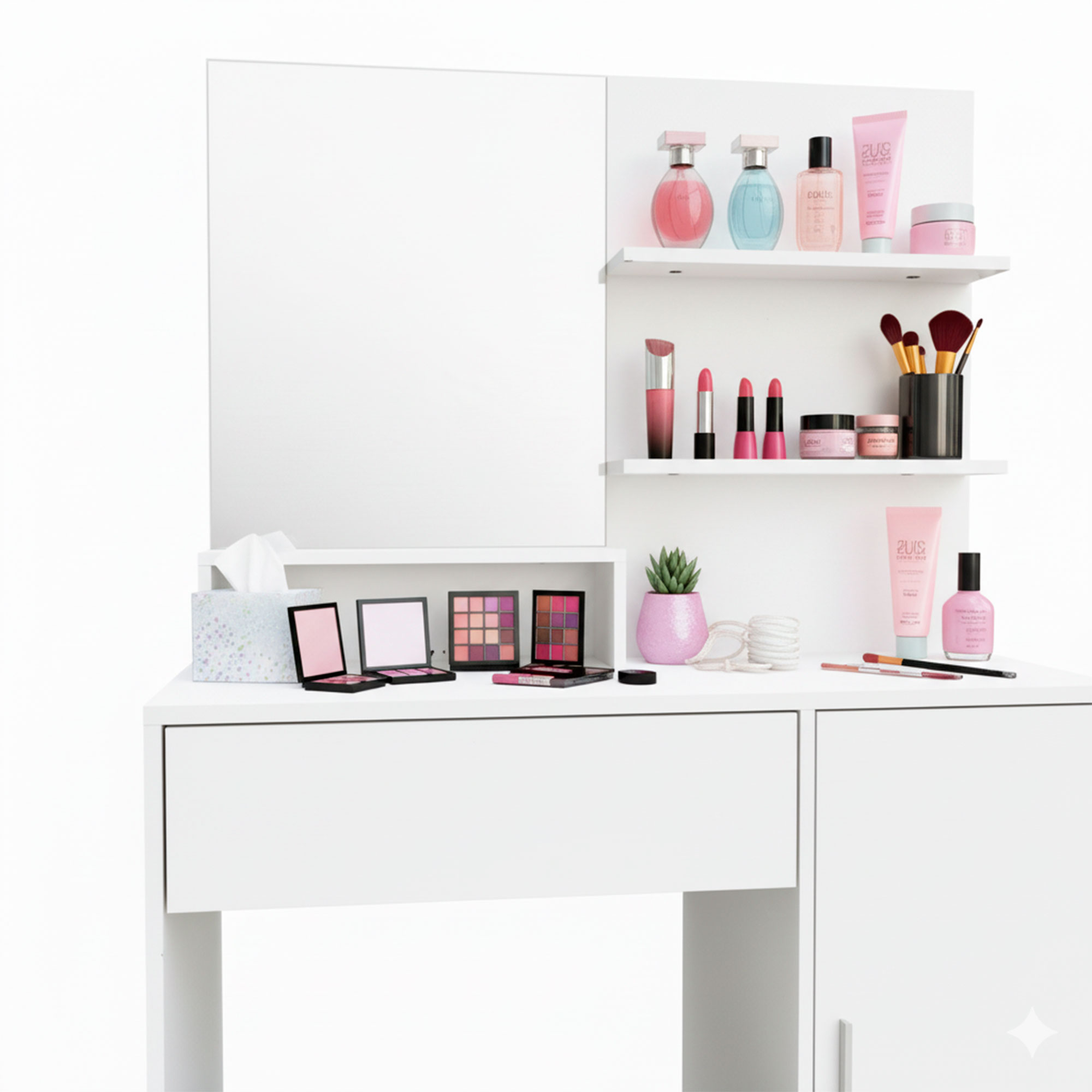 Tocador blanco con espejo, cosméticos, perfumes y una planta.