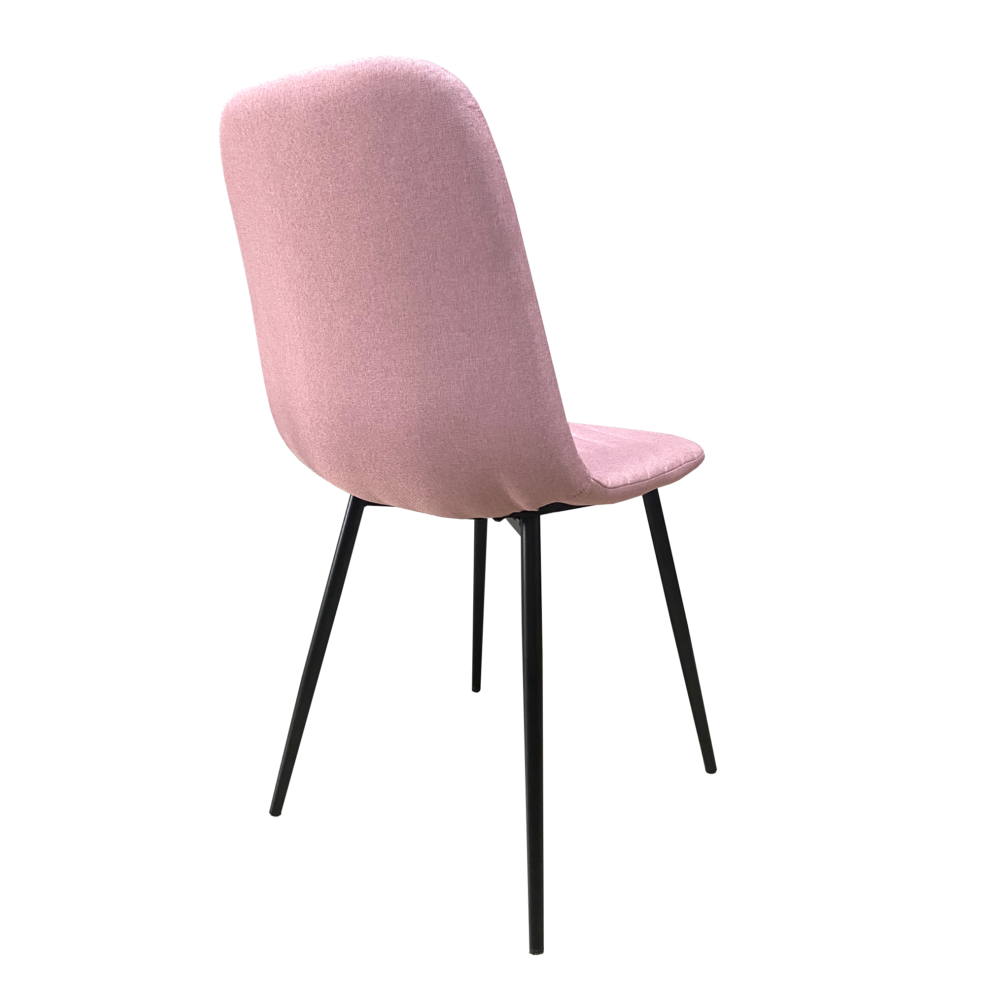 Una silla de tela rosa con patas de metal negro.