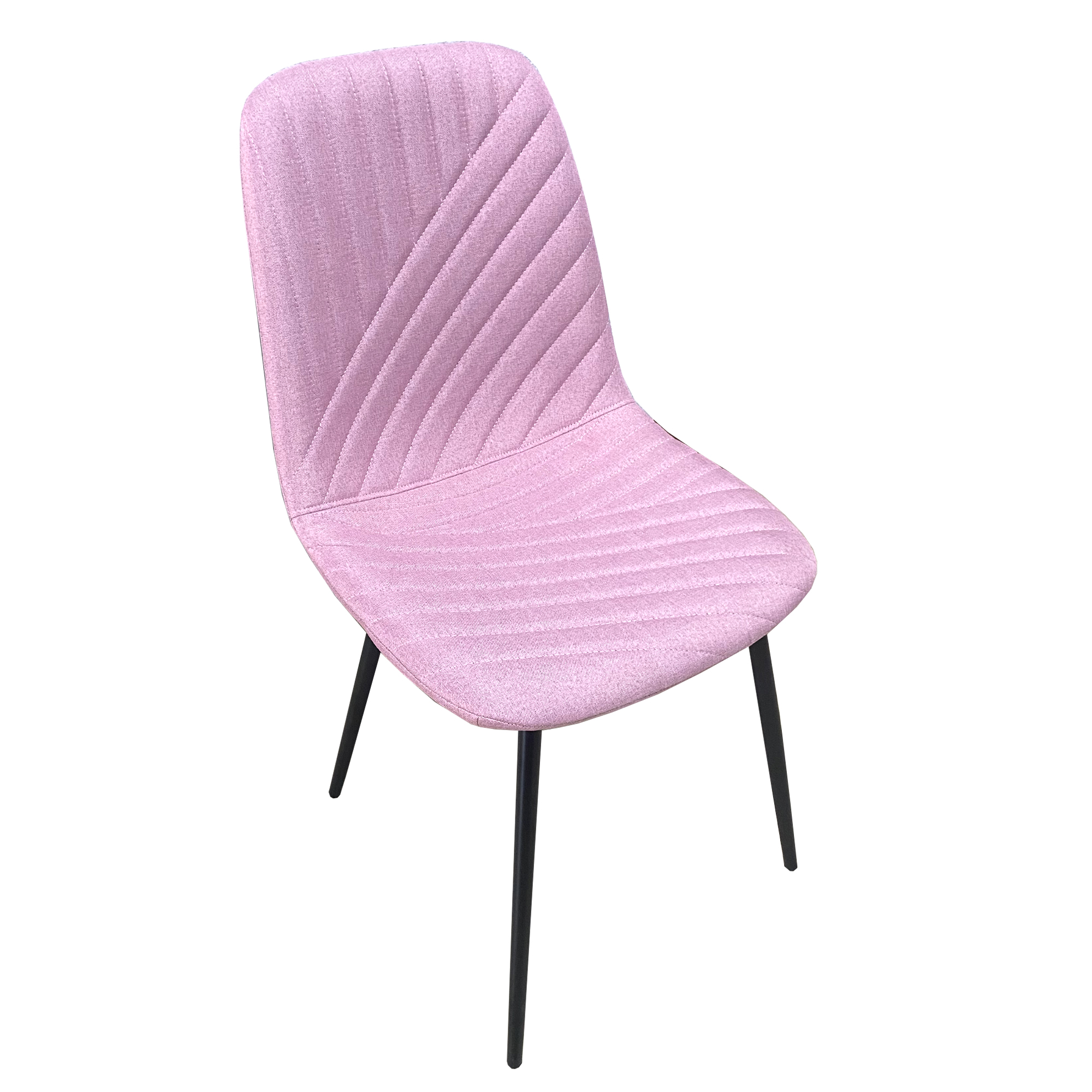 Una silla tapizada rosa con patas negras y costuras de rombos.