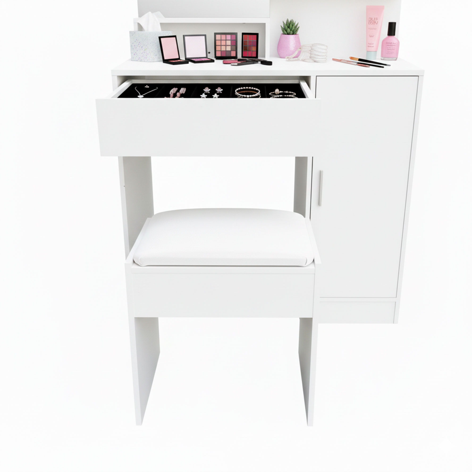 Tocador blanco con cajón abierto, joyas, maquillaje y taburete. Diseño moderno.