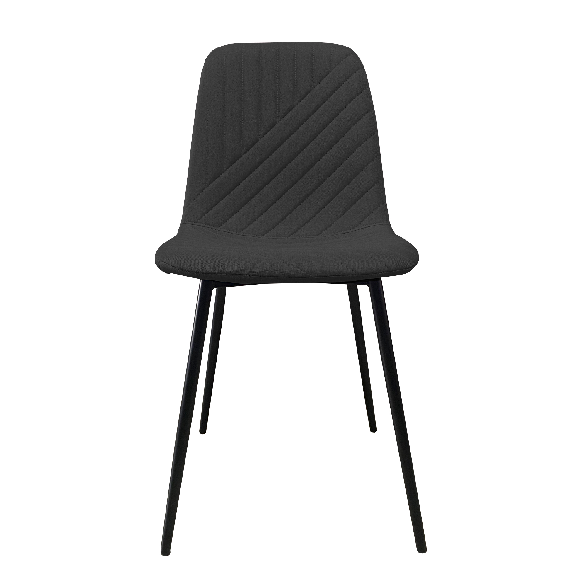 Una silla tapizada oscura con diseño acolchado y patas de metal negro.