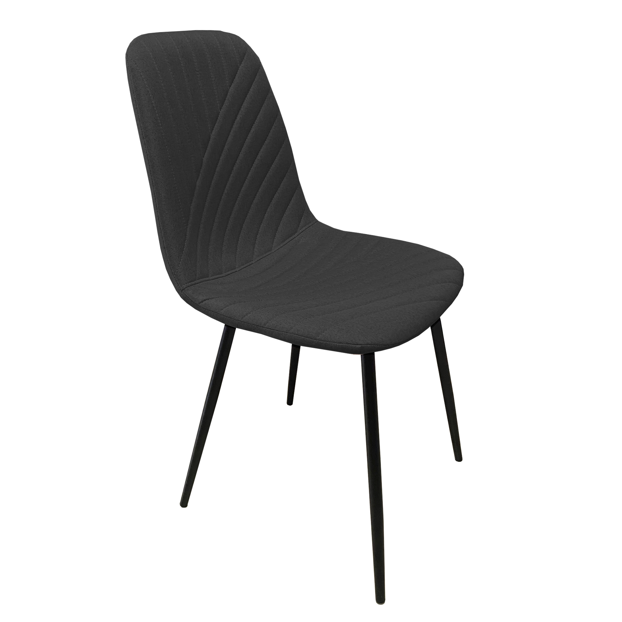 Una silla moderna negra de tela con elegantes patas de metal negro.