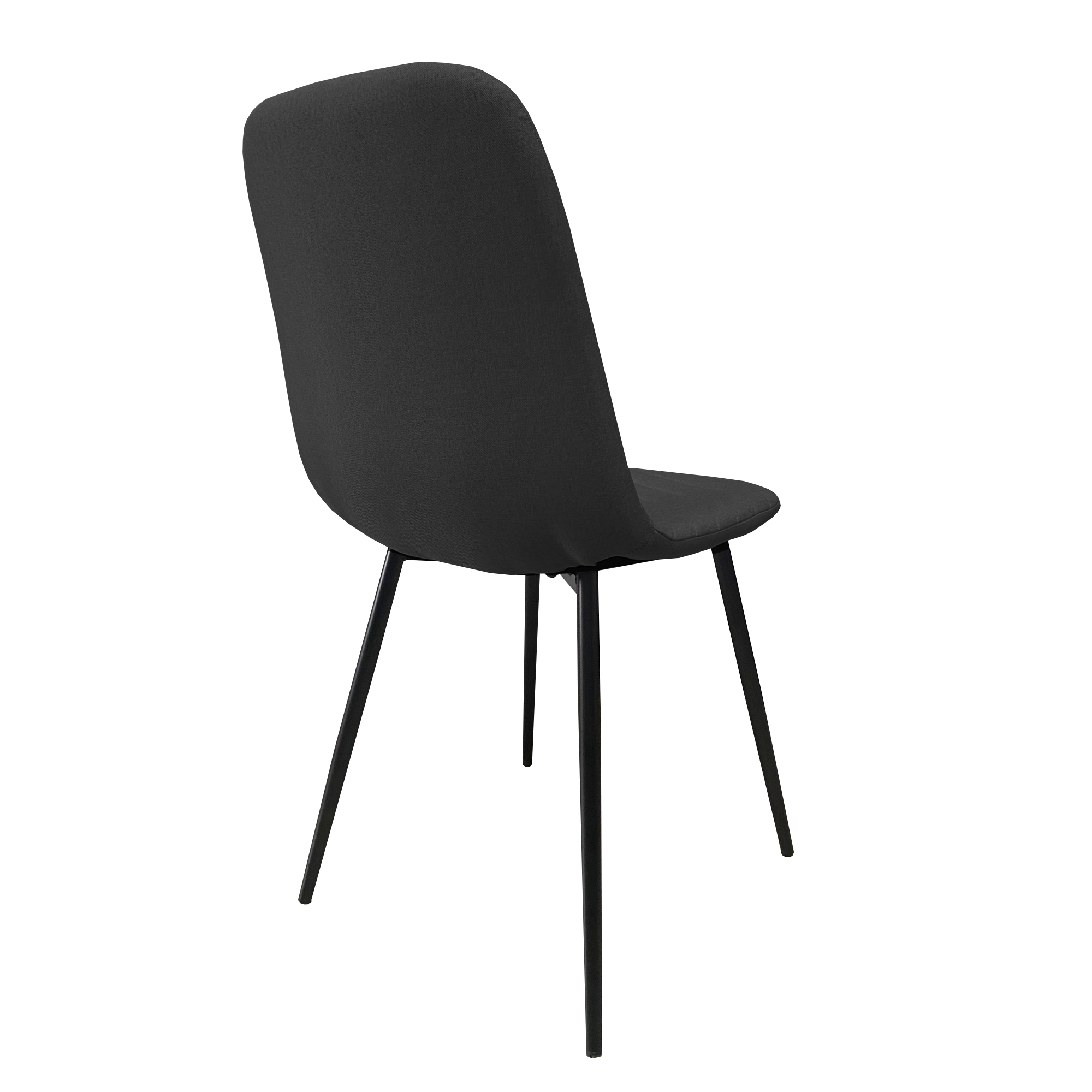 Una silla tapizada en tela negra con patas delgadas de metal negro.