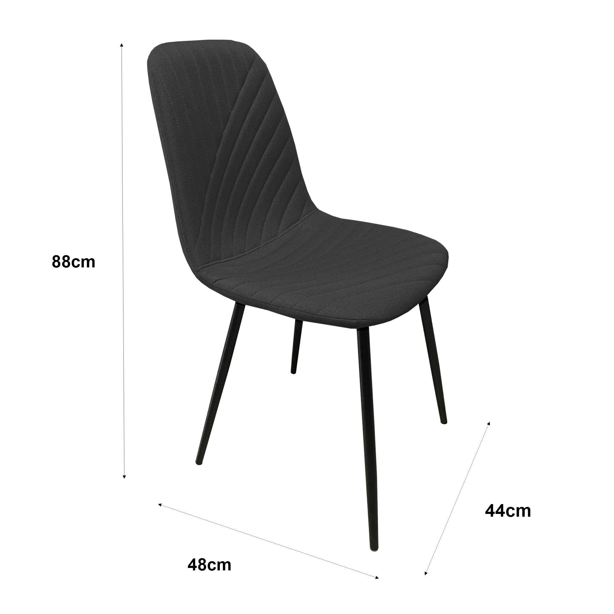 Una silla oscura con respaldo acolchado y cuatro patas negras delgadas. Dimensiones mostradas.