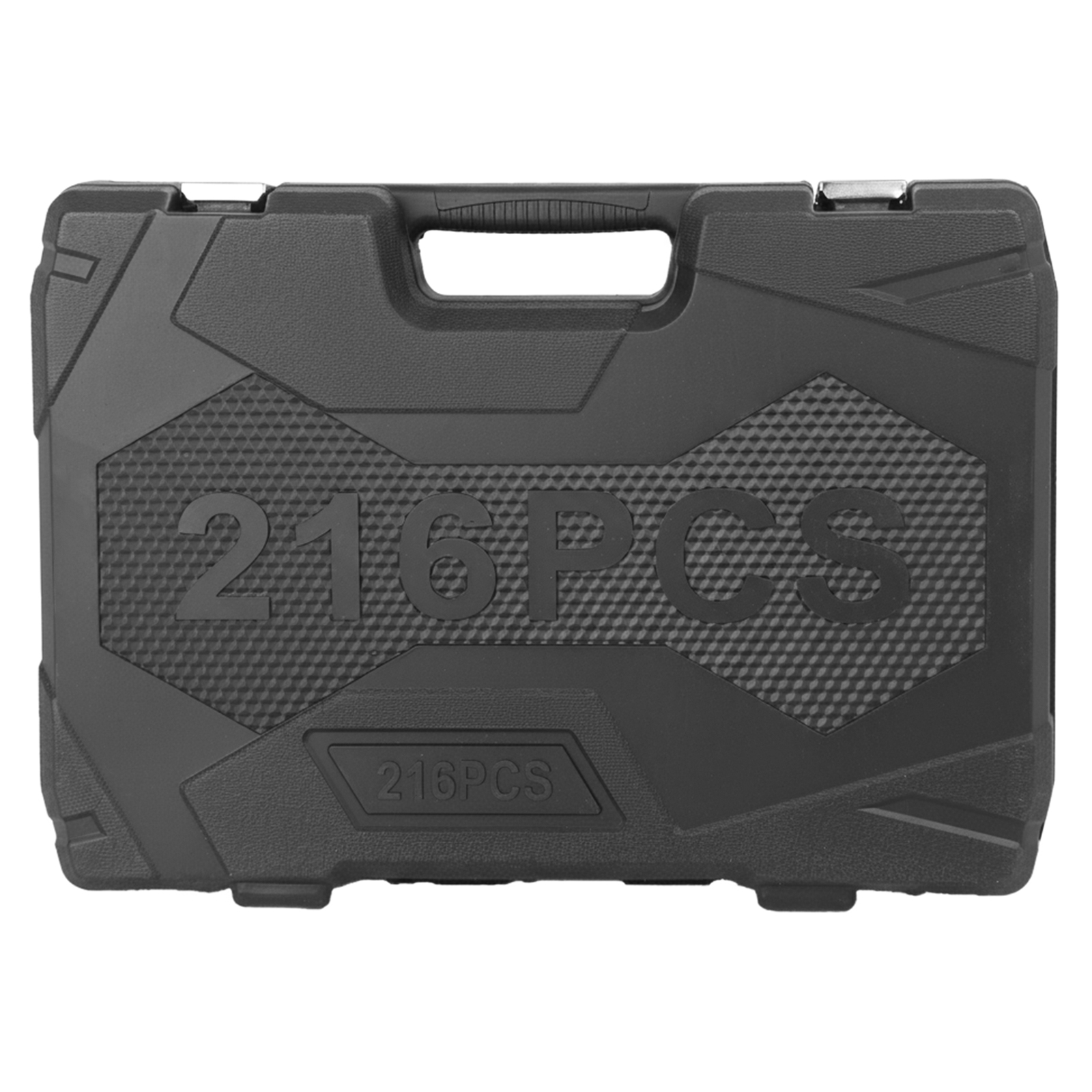 Una caja de herramientas negra con "216PCS" grabado y un asa.