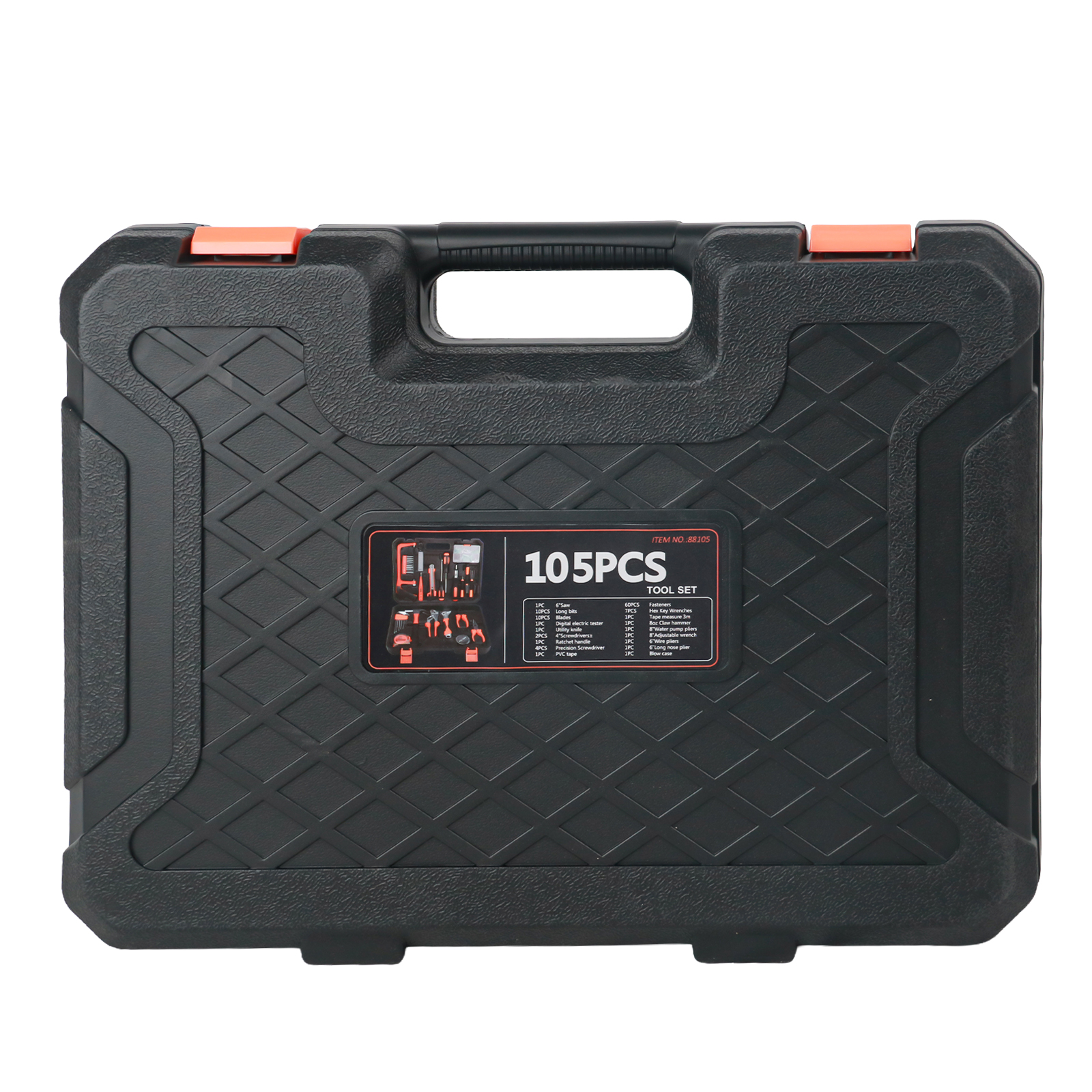 Caja de herramientas negra con clips y asa naranjas. Contiene 105 piezas.