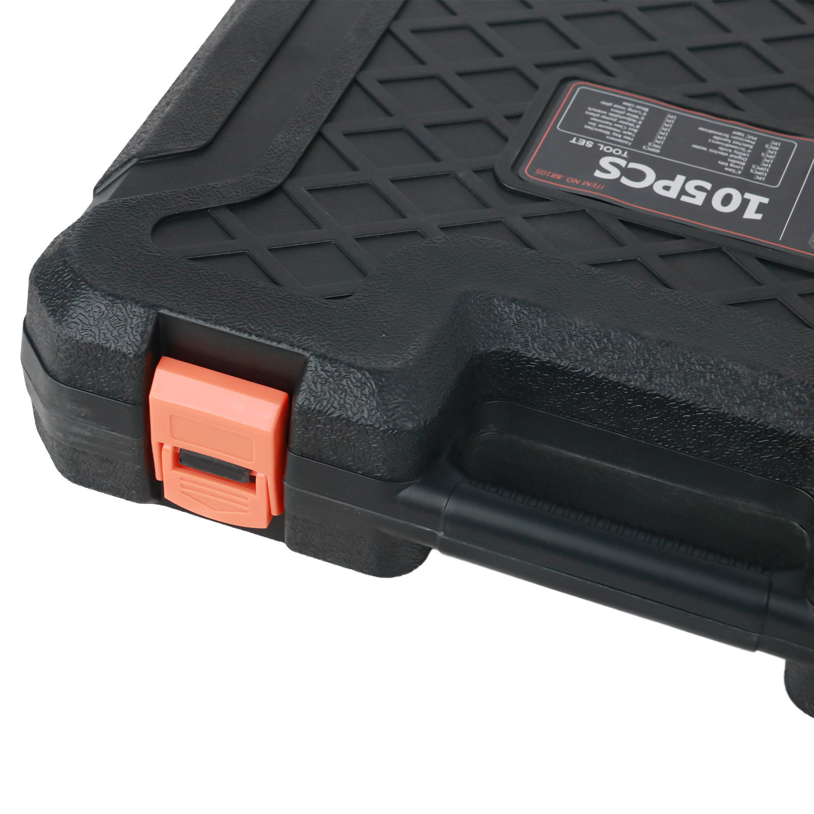 Caja de herramientas negra con cierre naranja y 105 piezas.