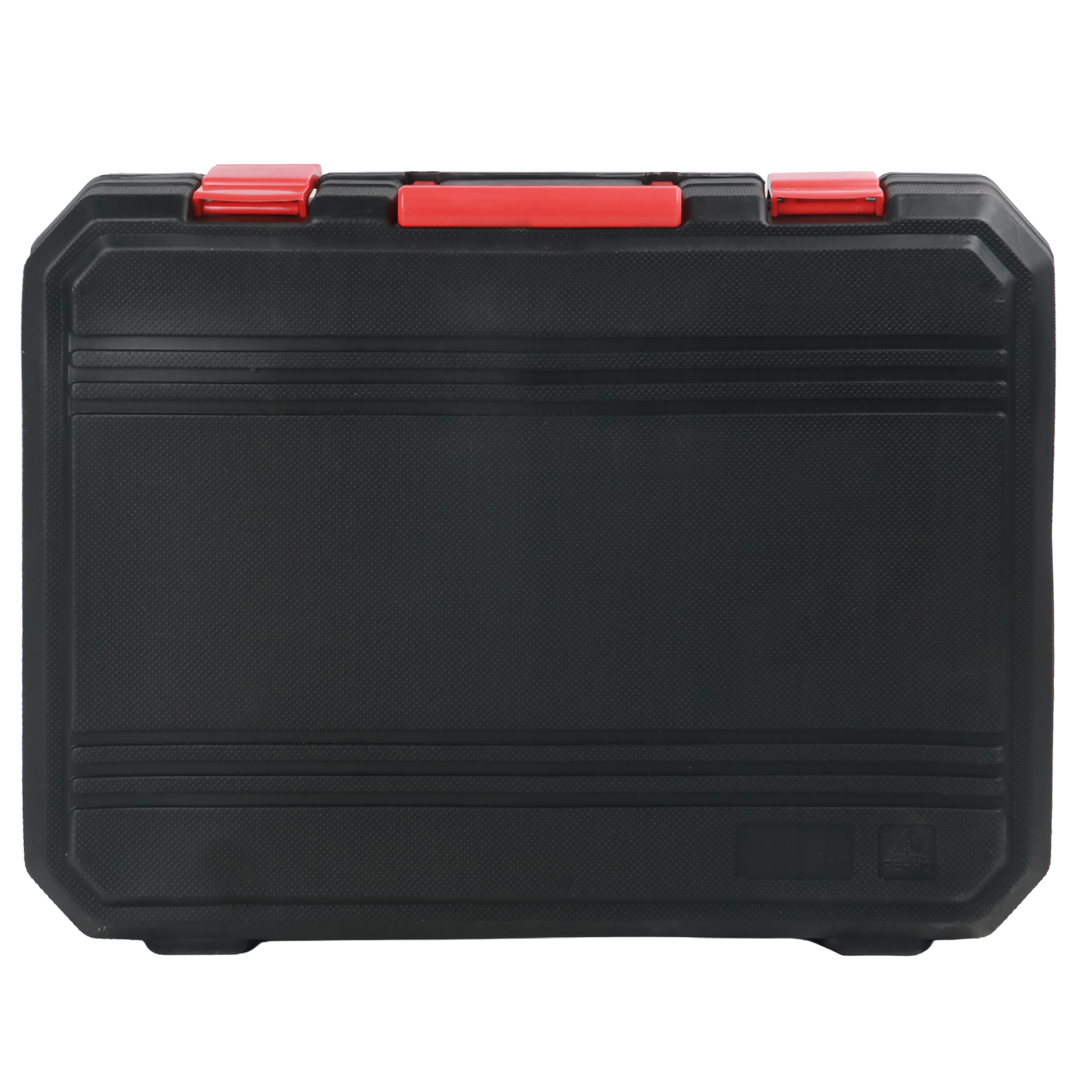 Caja de herramientas negra con pestillos y asa rojos.