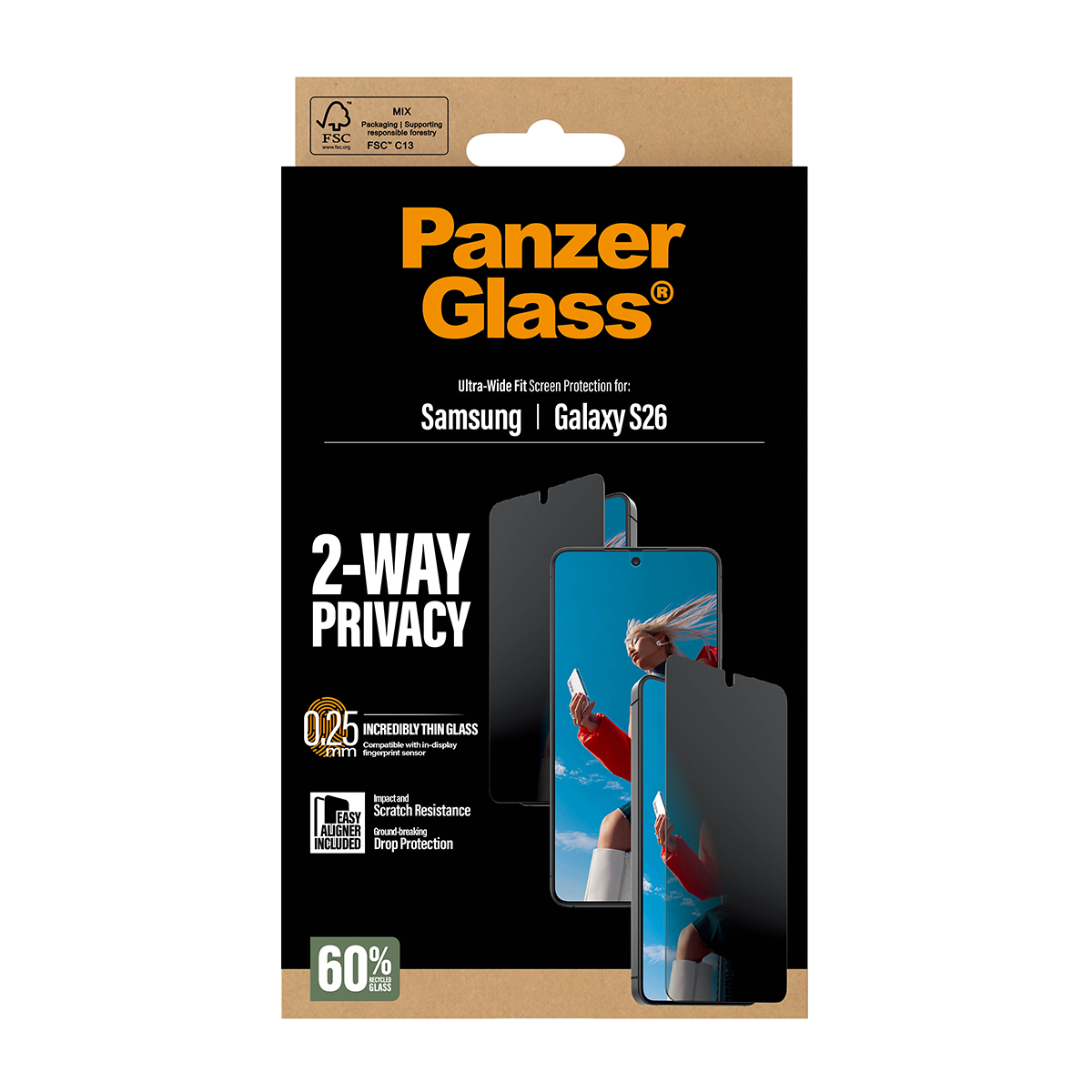 Protection d'écran Panzer Glass pour Samsung Galaxy S26 avec 2 voies de confidentialité.