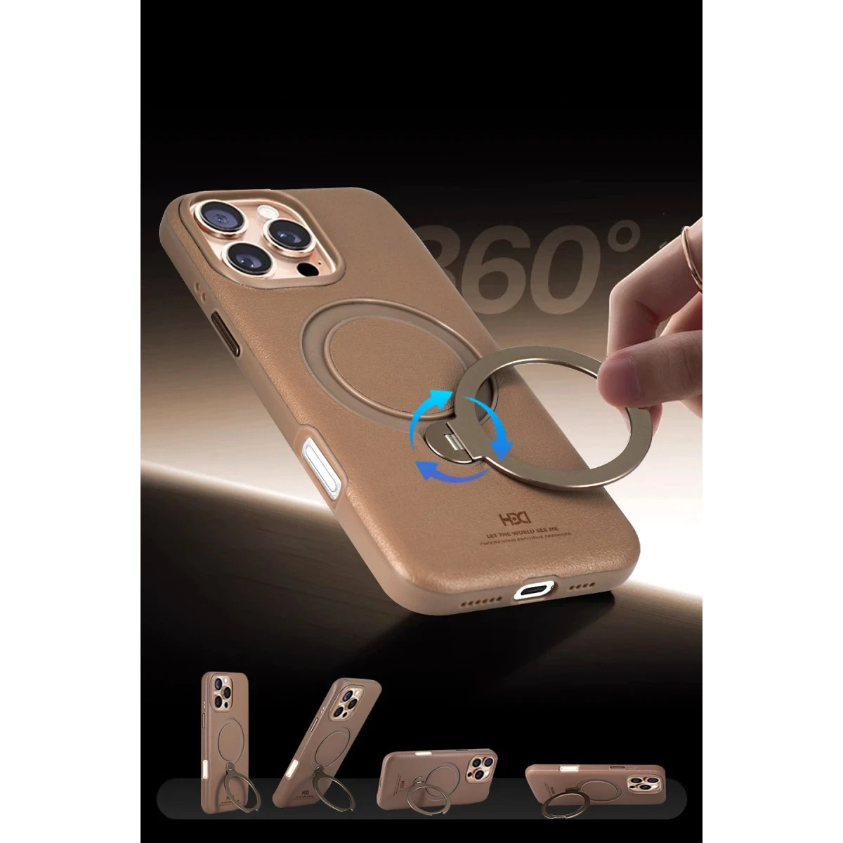Halka tutuculu ve manyetik halkalı kahverengi telefon kılıfı. Çoklu görünümler.