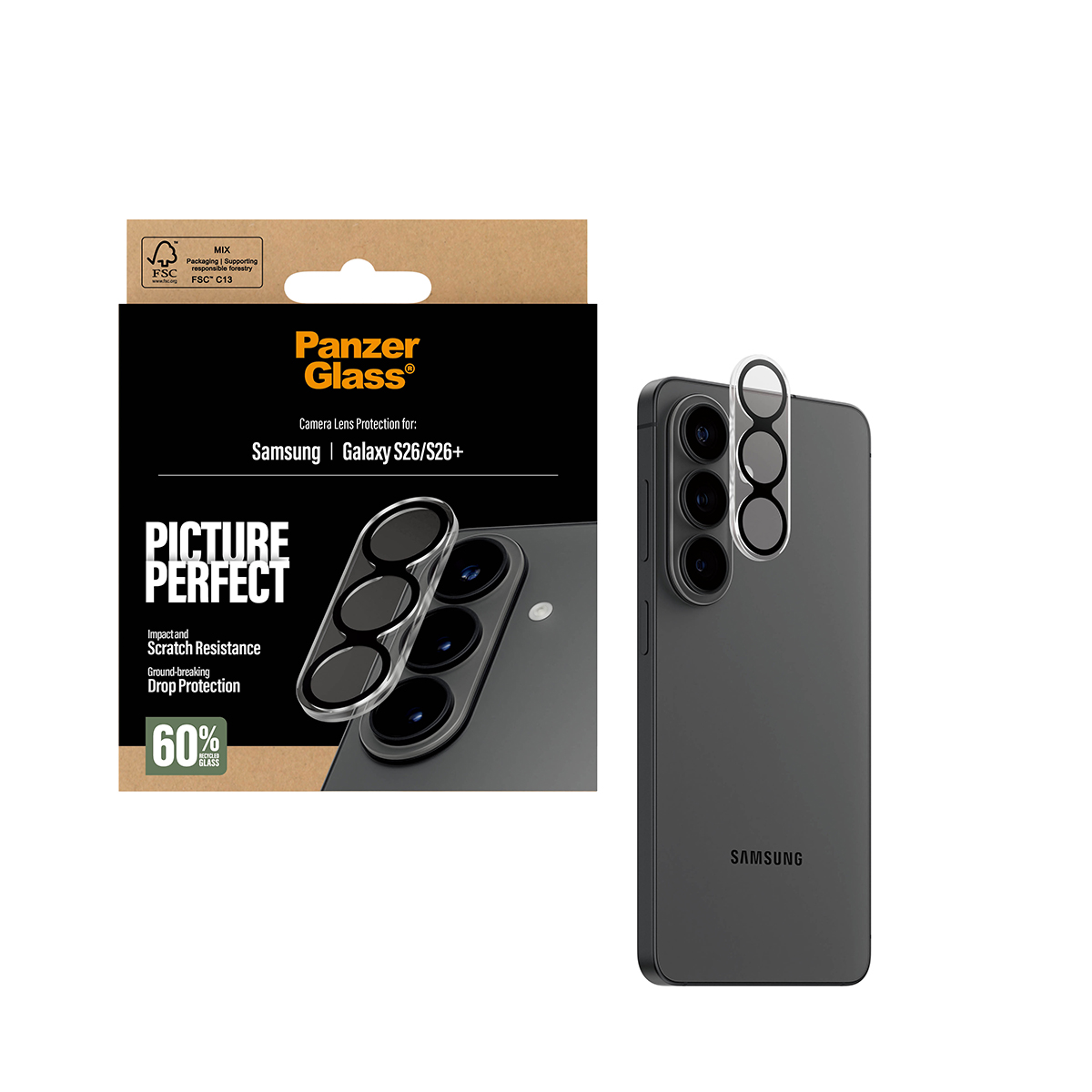 Zwarte telefoon met PanzerGlass cameralensbeschermer en verpakking.