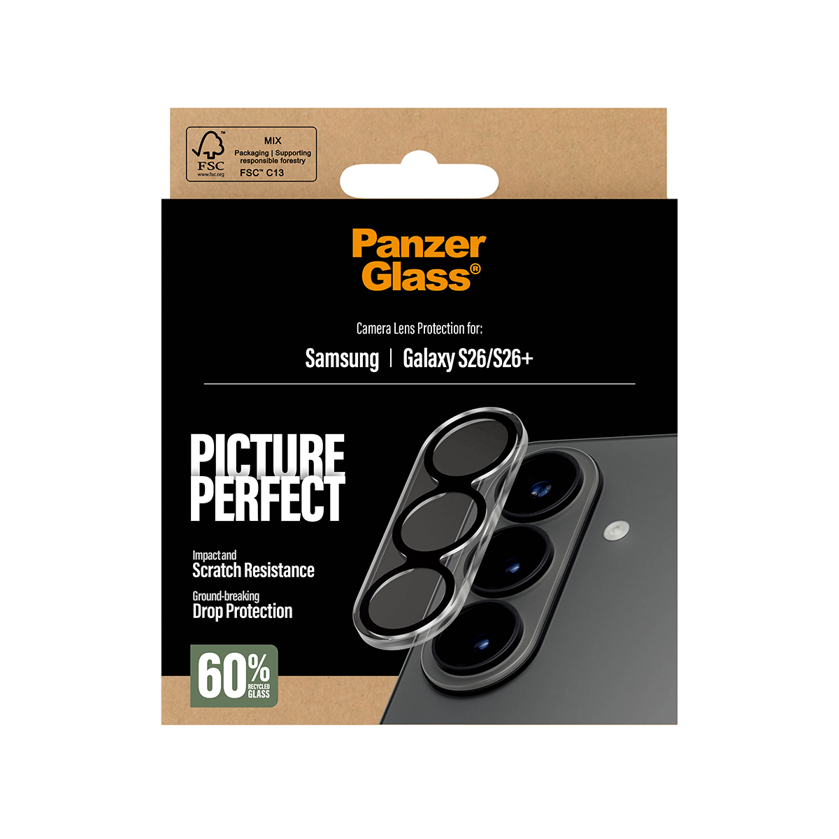 Panzer Glass camera lens protector verpakking voor Samsung Galaxy S26/S26+.