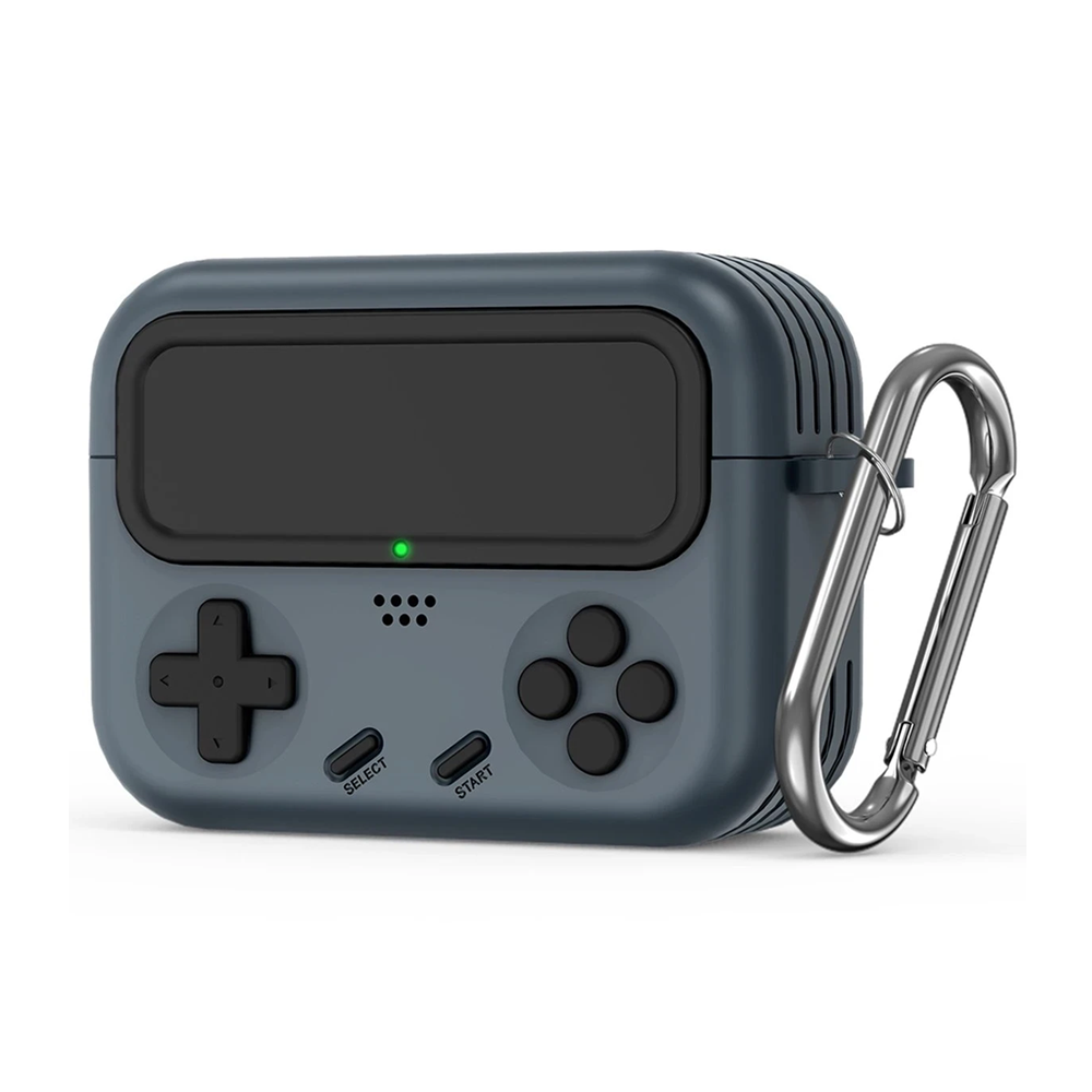 D-pad, düğmeler ve karabina klipsli gri retro oyun tarzı kılıf.
