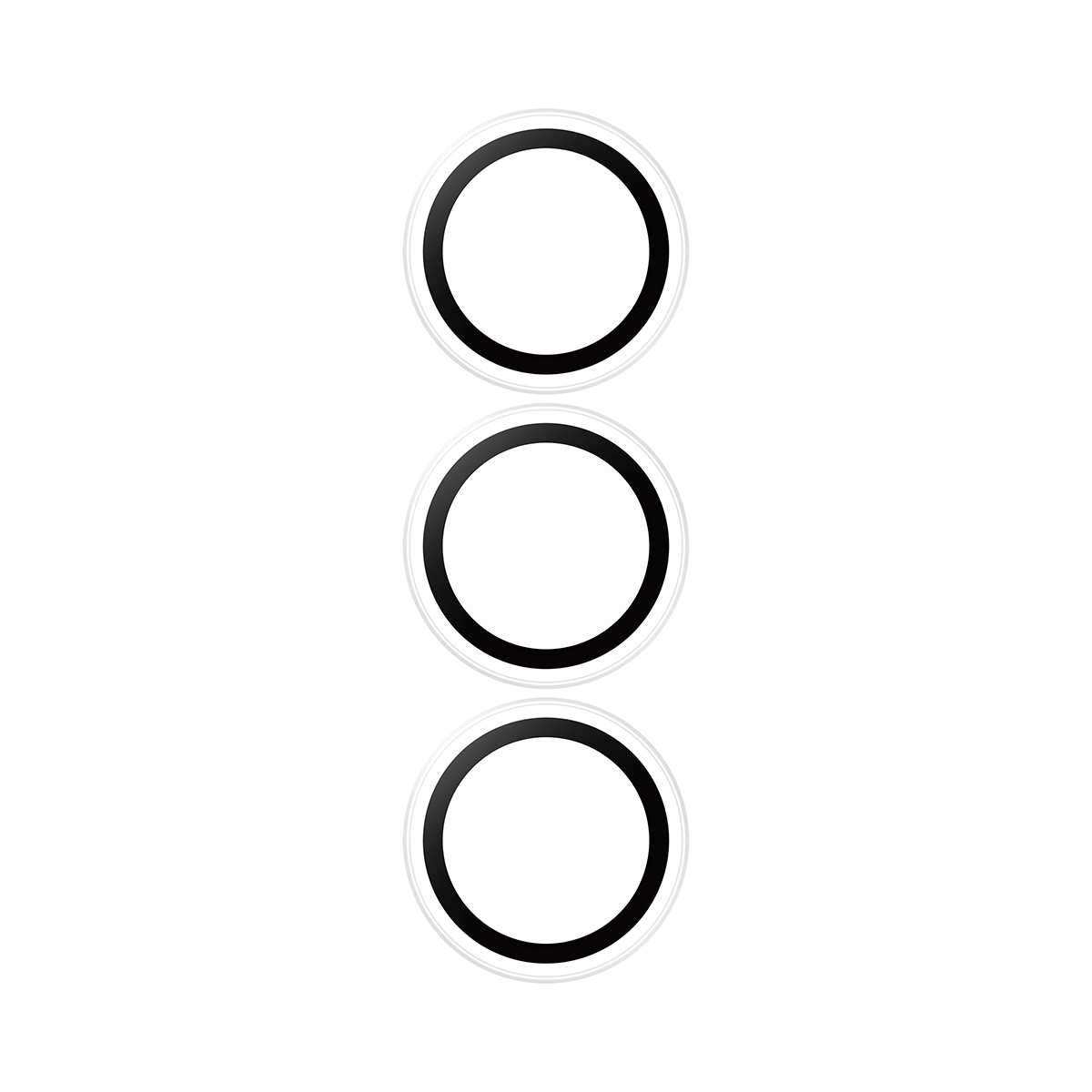 Three white circles with black rings, stacked vertically on a white background.