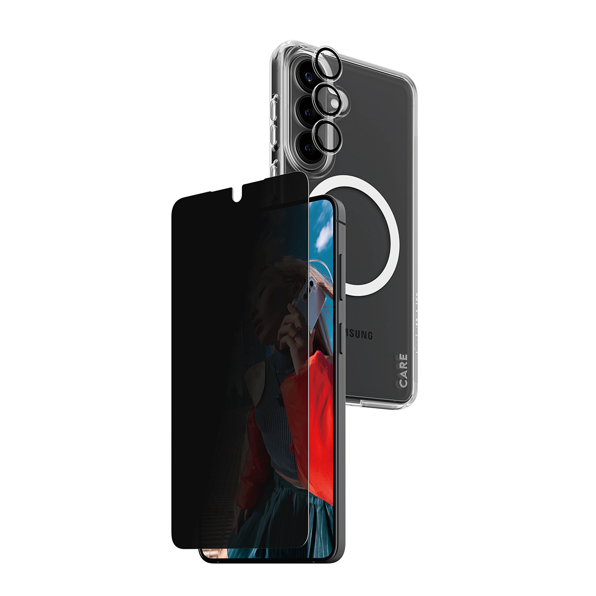Uno smartphone con proteggi schermo privacy e cover trasparente.