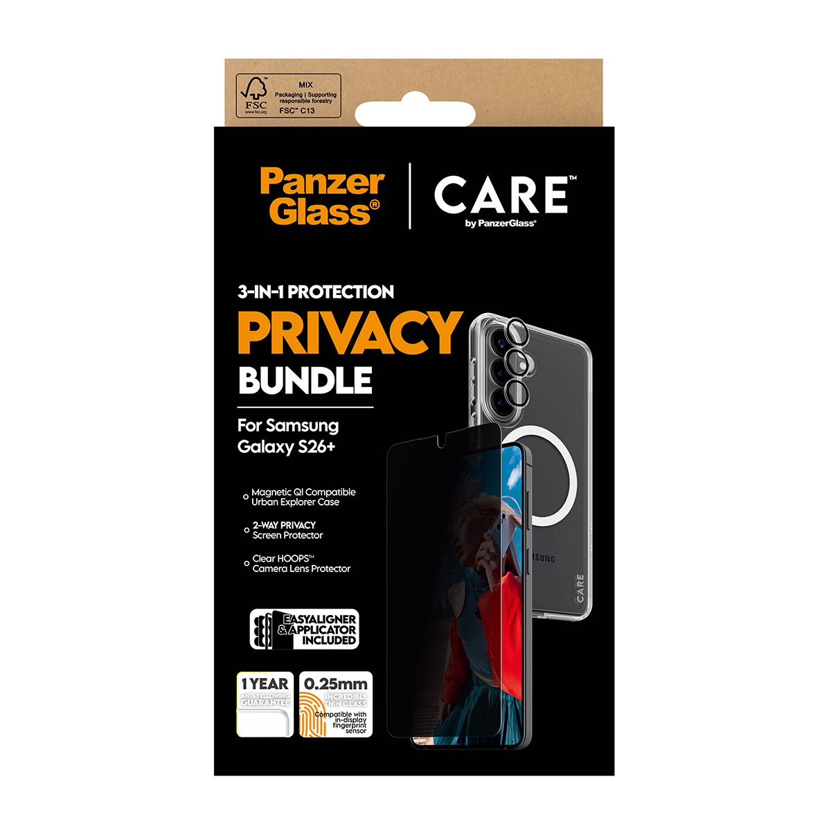 Confezione Panzer Glass Bundle Privacy 3-in-1 per Samsung Galaxy S26+.