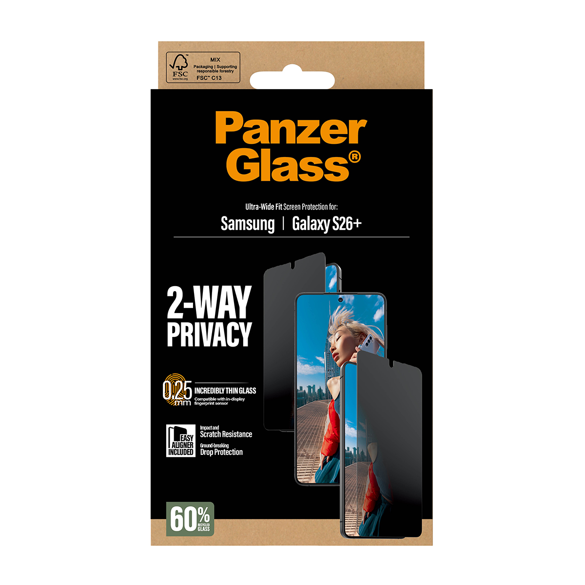 Protezione schermo Panzer Glass per Samsung Galaxy S26+ con privacy a 2 vie.