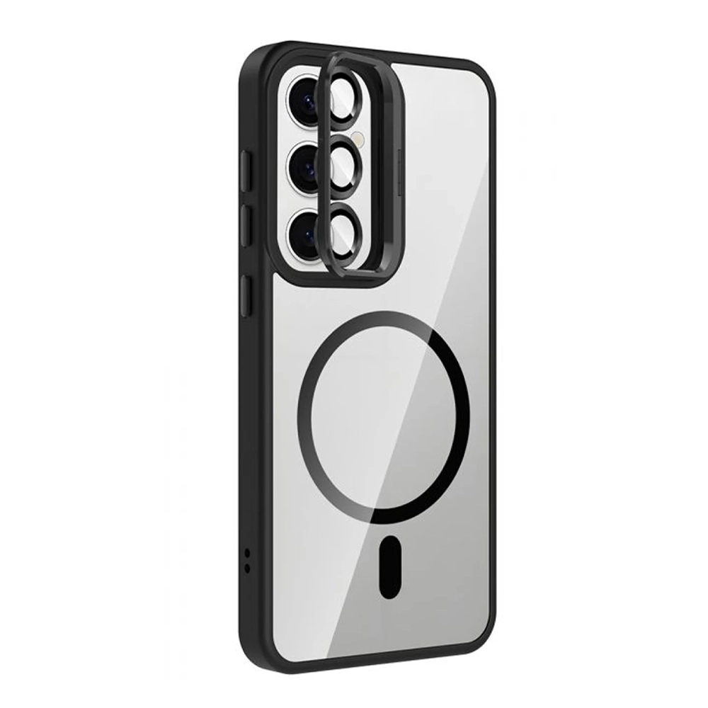 Siyah kenarlı, kamera korumalı ve manyetik halkalı şeffaf telefon kılıfı.