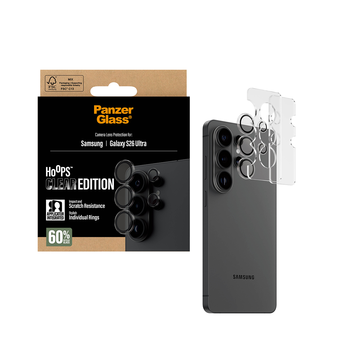 Protection d'objectif Panzer Glass pour Samsung Galaxy S26 Ultra, avec téléphone.