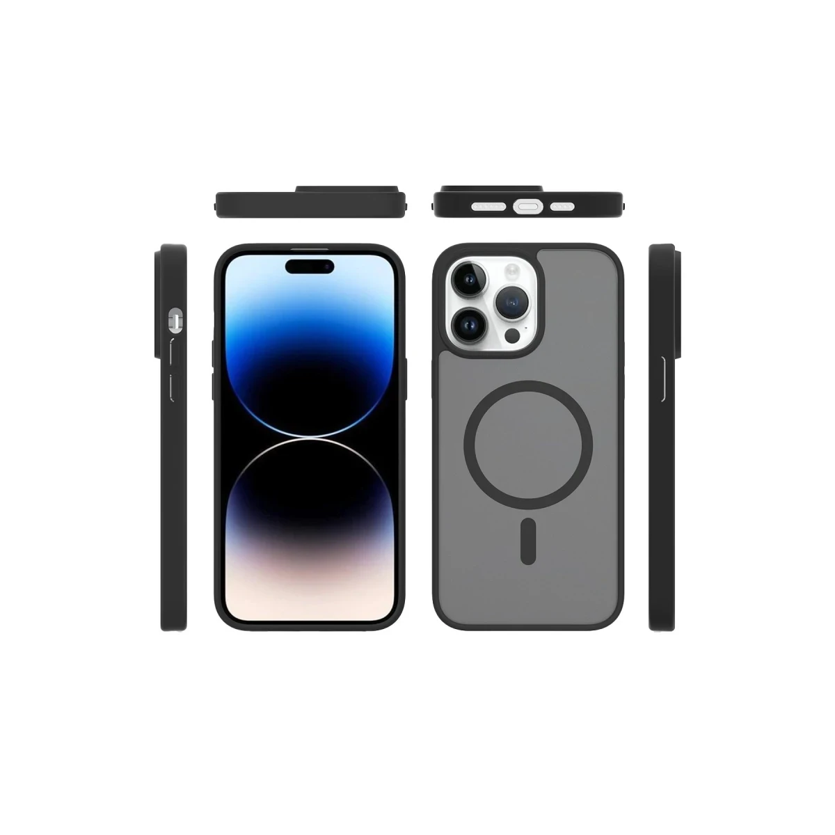 iPhone'lu siyah kılıf. Ön, arka, üst ve yan görünümler.
