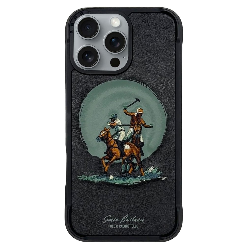 Üzerinde nakışlı polo sahnesi olan siyah iPhone kılıfı: iki atlı.