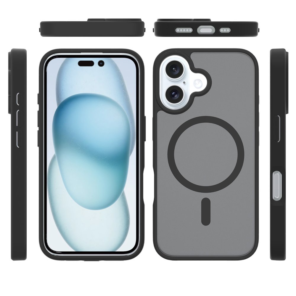 Siyah çerçeveli, kameralı ve manyetik halkalı gri telefon kılıfı.
