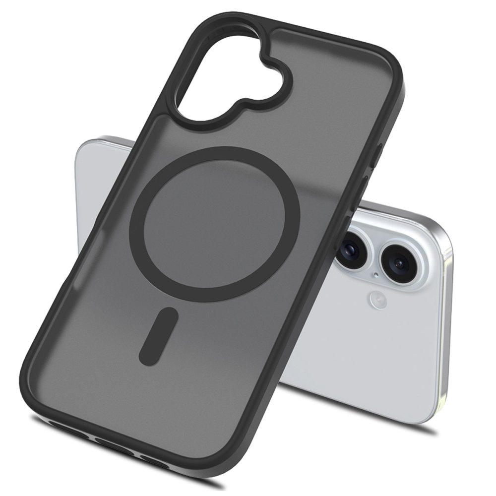Beyaz iPhone önünde manyetik halkalı gri telefon kılıfı.
