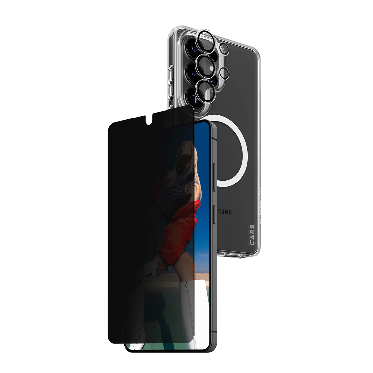 Gizlilik filtreli ve şeffaf kılıflı bir akıllı telefon.