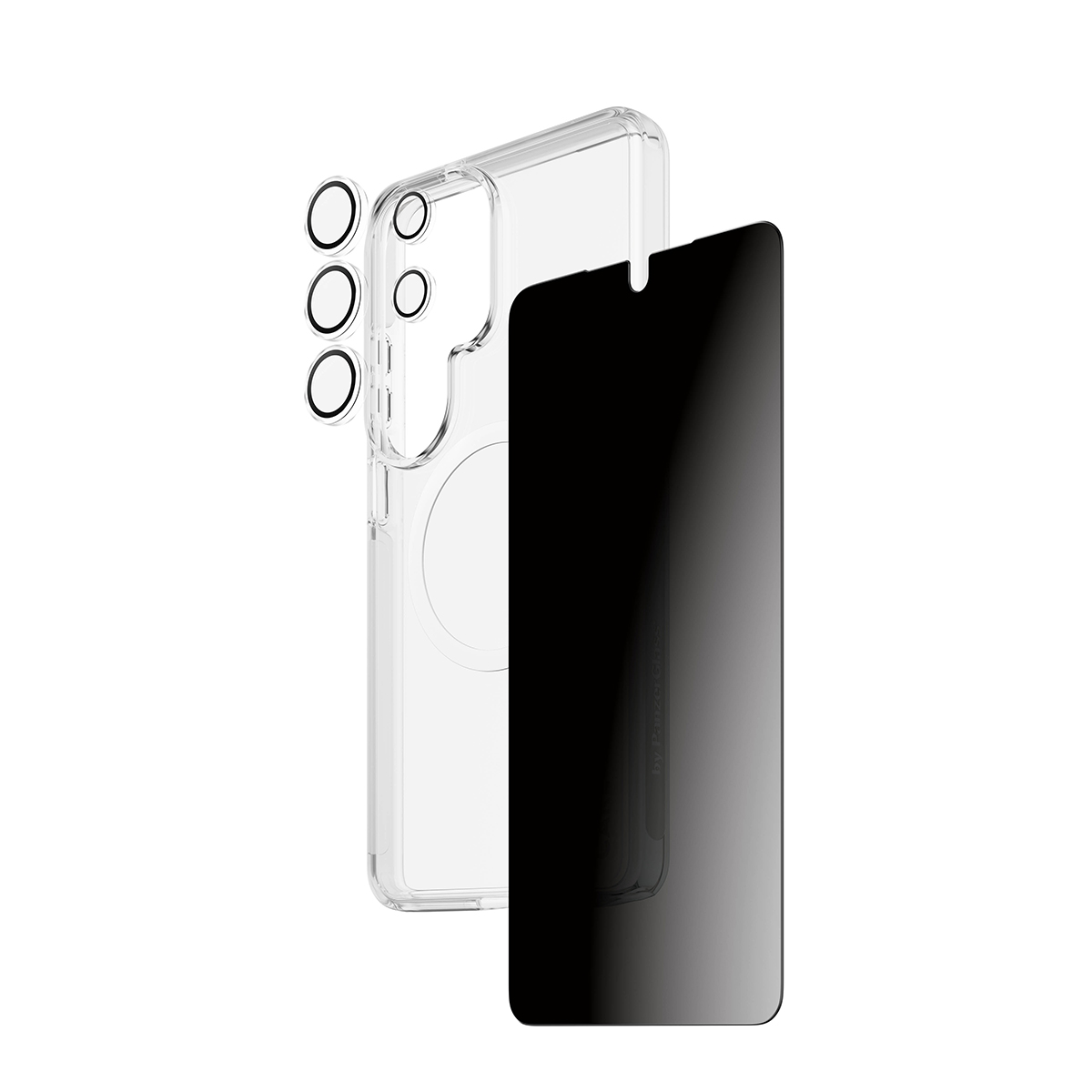 Şeffaf telefon kılıfı, lens koruyucuları ve siyah ekran koruyucu ile.