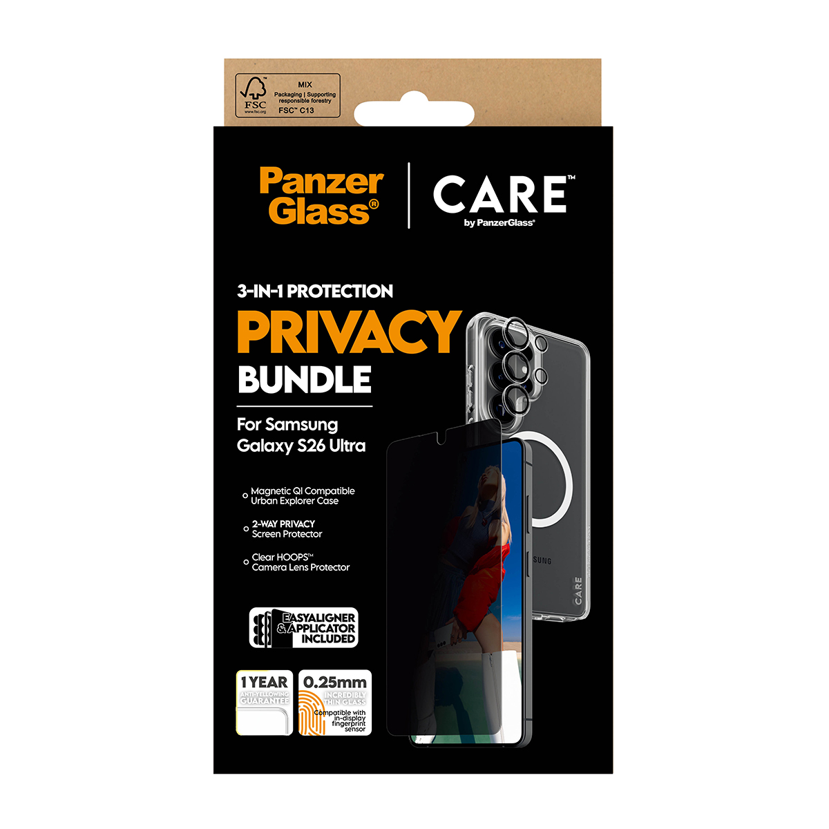 Samsung Galaxy S26 Ultra için Panzer Glass Gizlilik Paketi ambalajı.