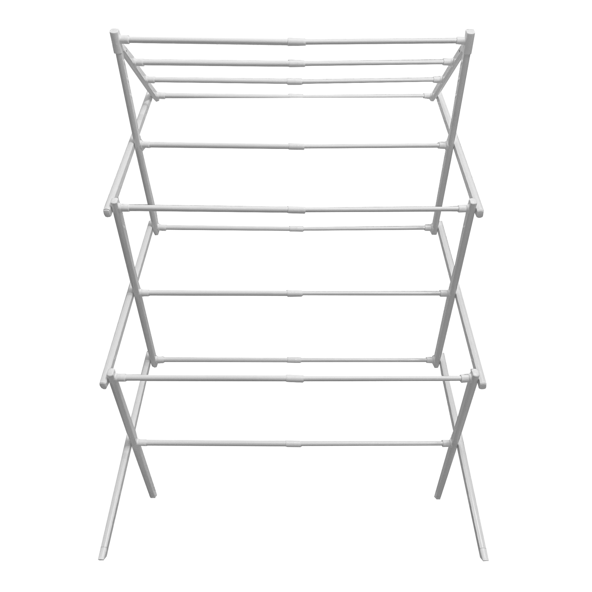 Un tendedero plegable de tres niveles hecho de plástico blanco.