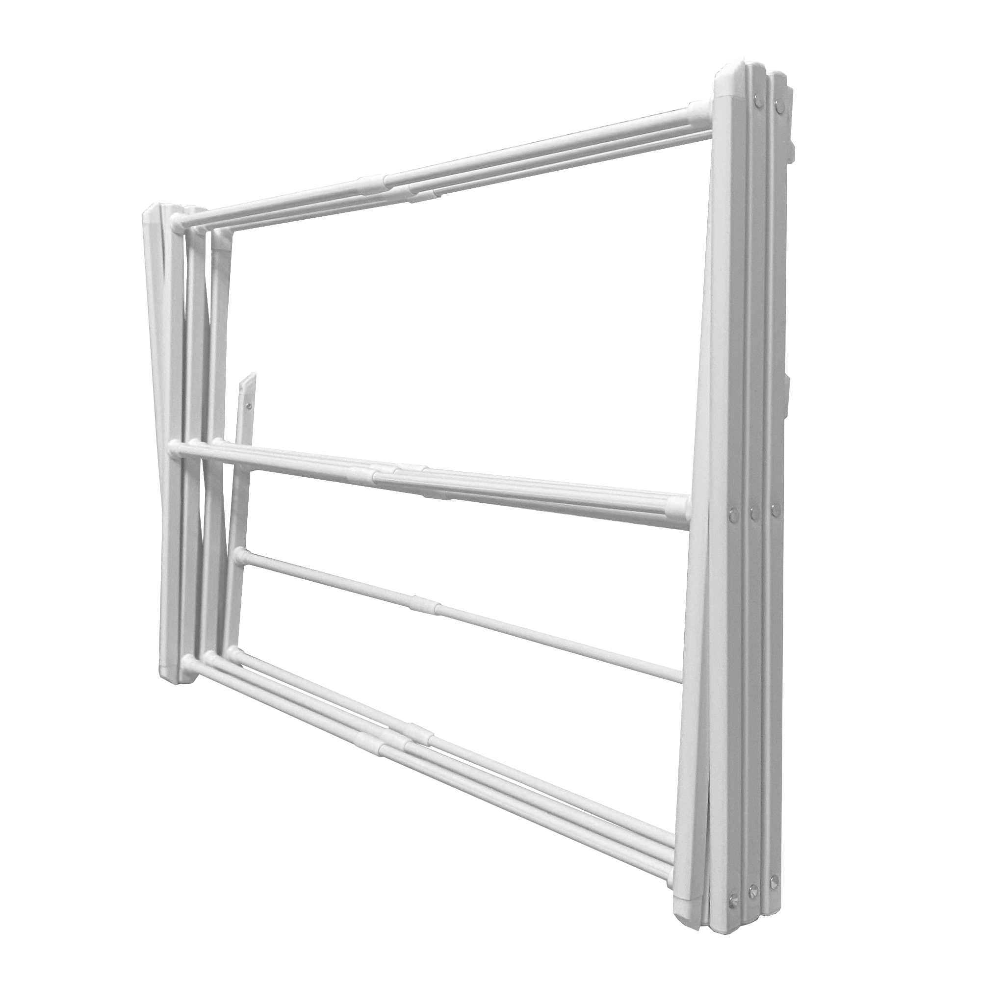 Un tendedero blanco plegable con varias barras.