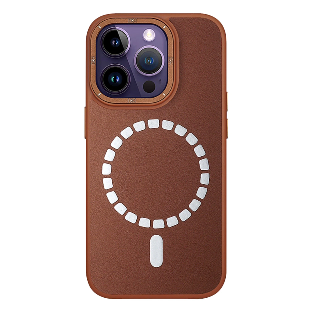 Kamera modüllü ve manyetik şarj halkalı kahverengi telefon kılıfı.