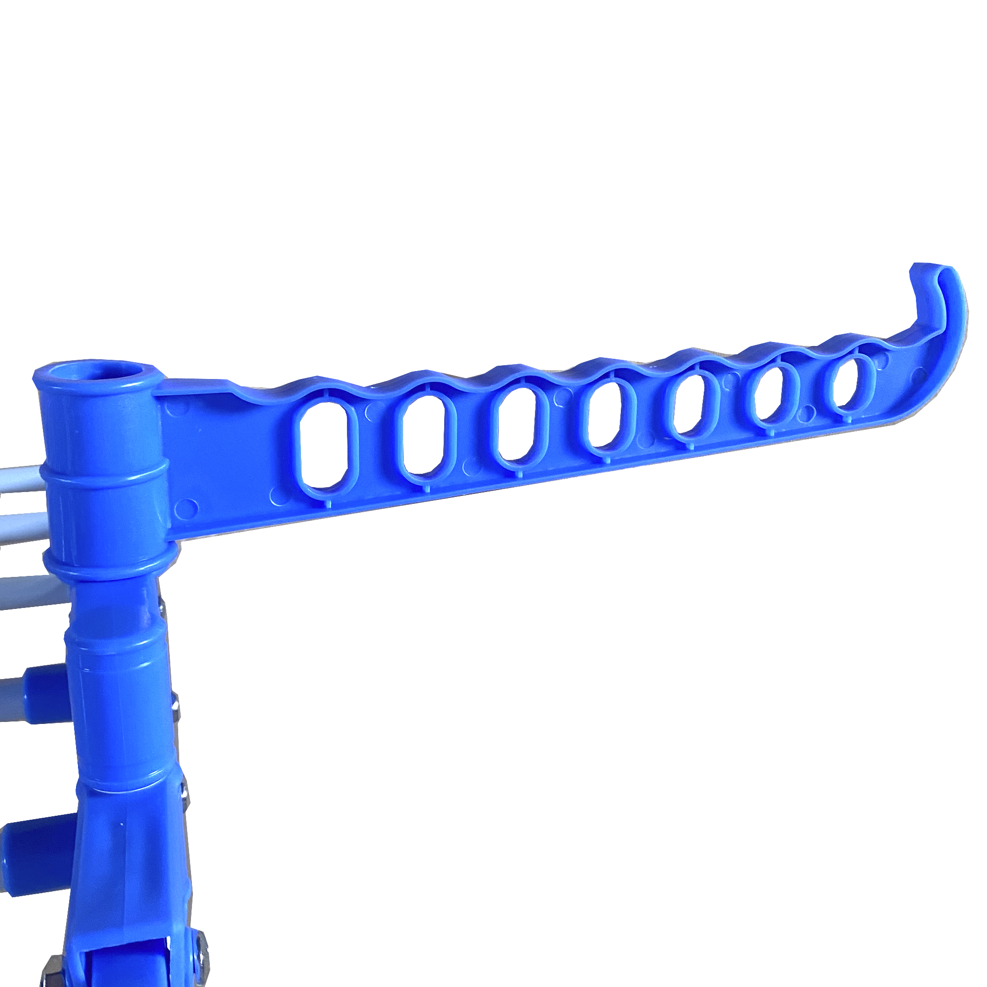 Un tendedero azul con múltiples ranuras ovaladas para colgar.