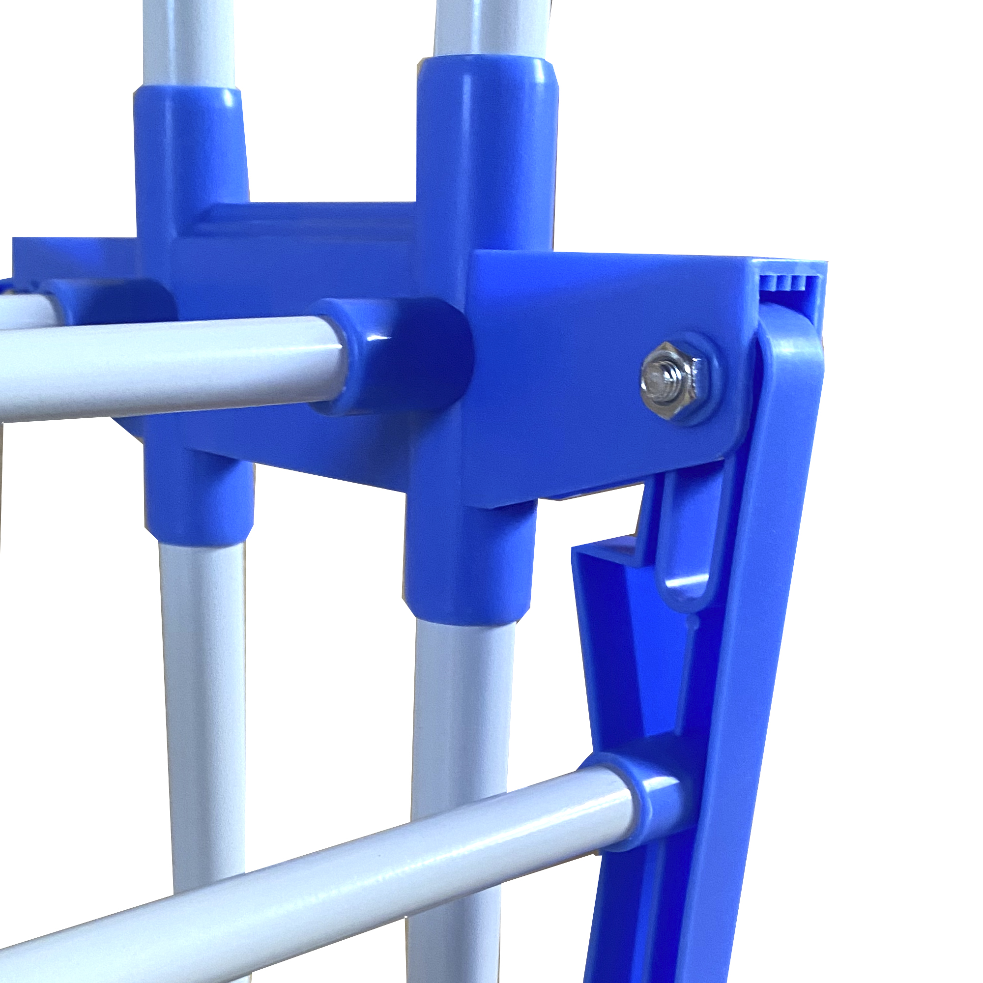 Primer plano de un conector de plástico azul con varillas blancas y un perno.