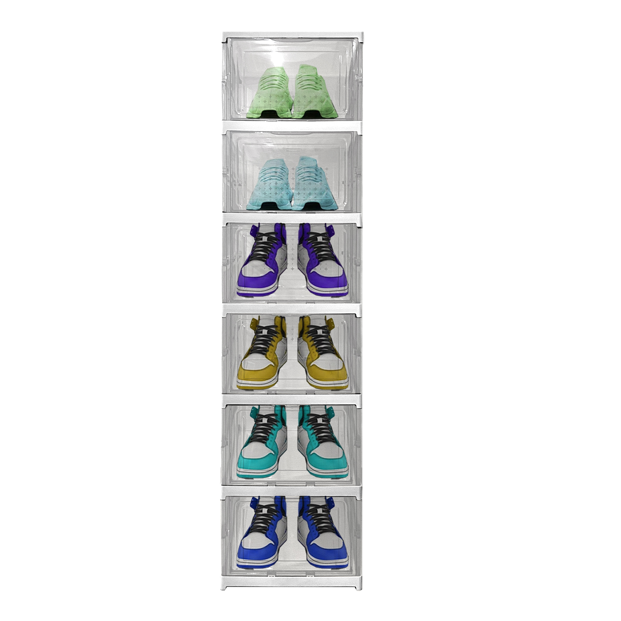 Seis cajas de zapatos transparentes apiladas, cada una con zapatillas.