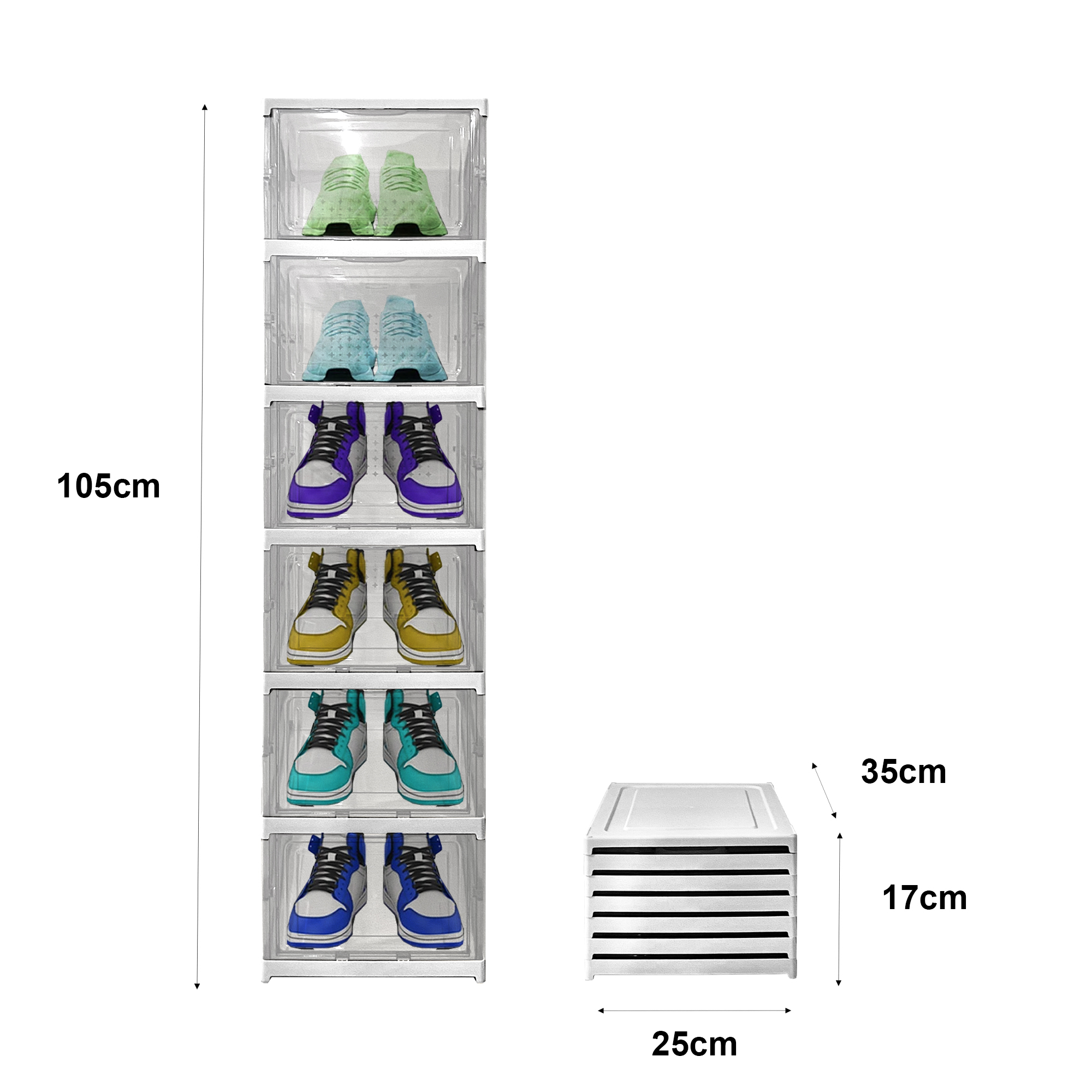 Pila de cajas de zapatos con varias zapatillas. Dimensiones proporcionadas.
