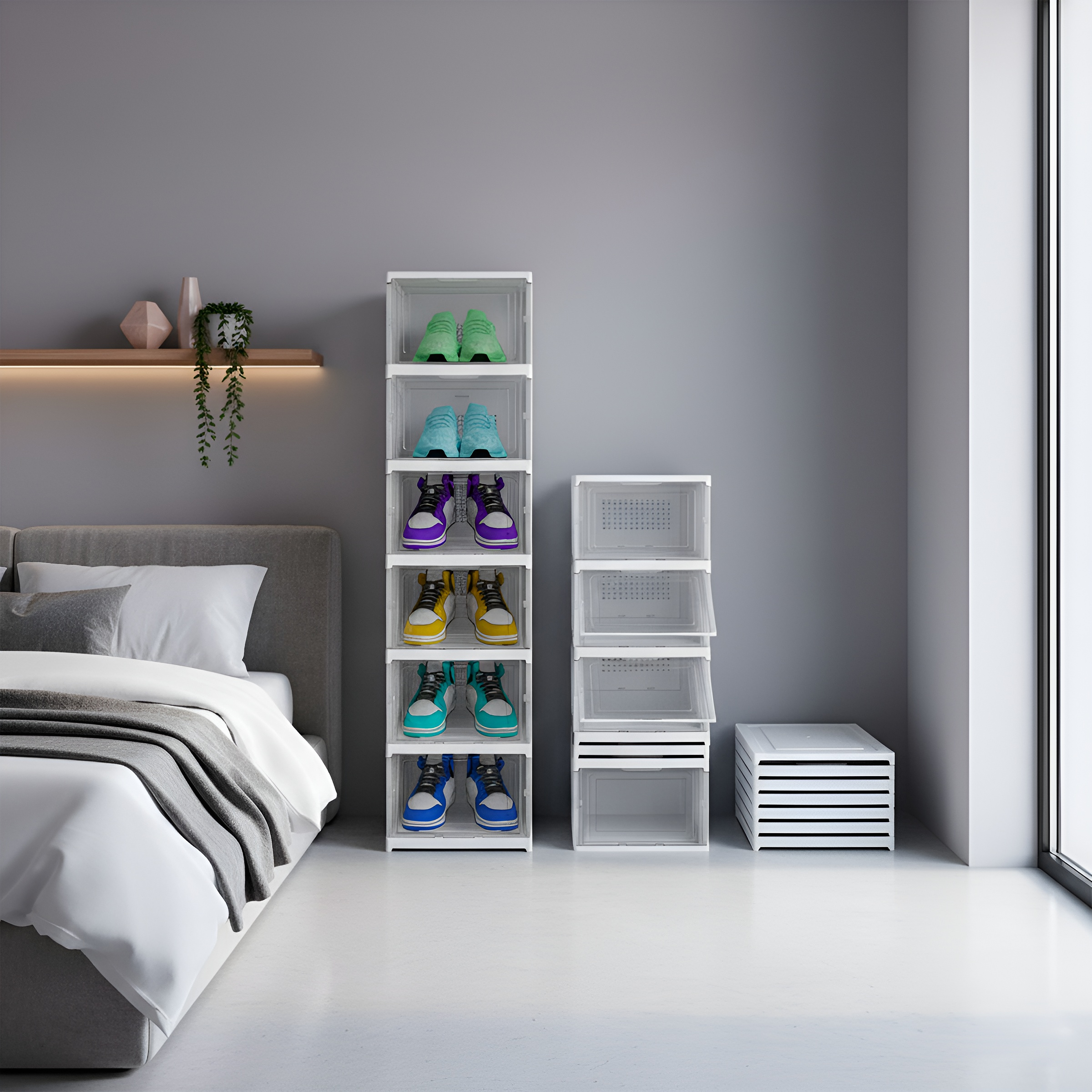 Un dormitorio con cama, estantes de zapatos y ventana.