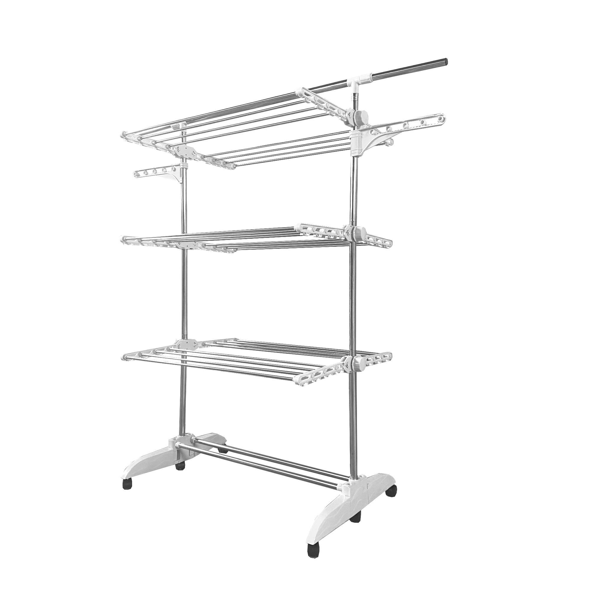 Un tendedero de plástico blanco y metal de tres niveles con ruedas.