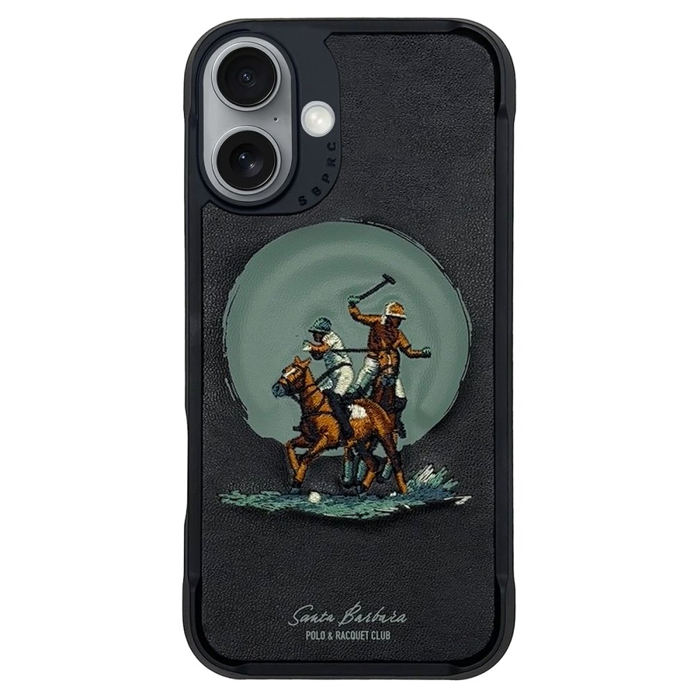 Bir daire altında at üzerinde polo oyuncularının olduğu siyah telefon kılıfı.