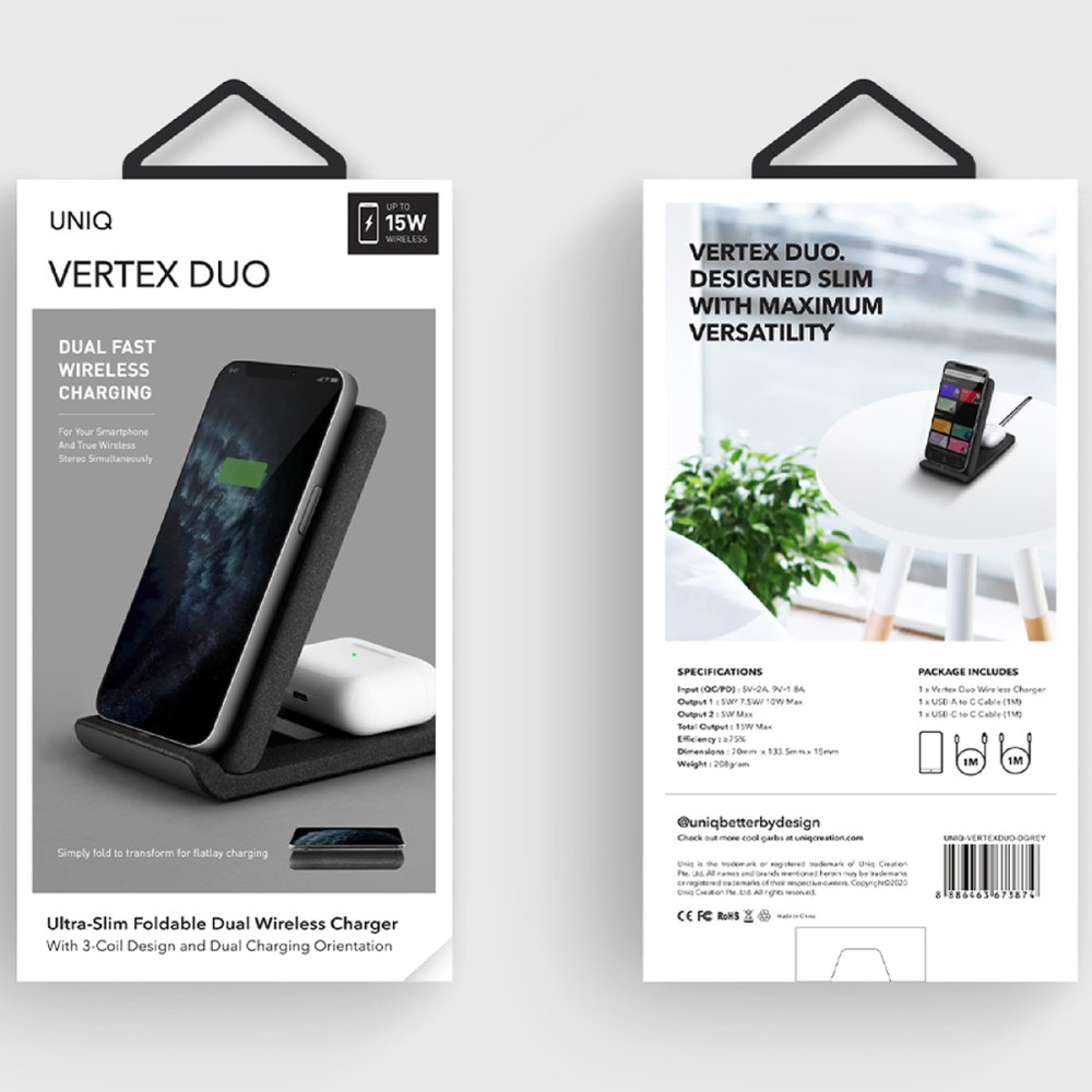 Akıllı telefon ve kulaklıkla UNIQ Vertex Duo kablosuz şarj cihazı ambalajı.