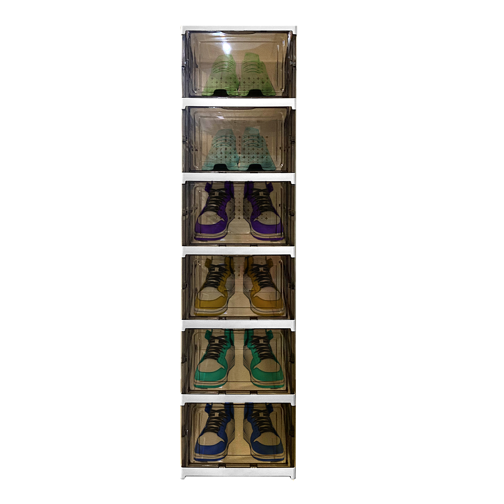 Una torre blanca con seis cajas de zapatos transparentes, cada una con zapatillas.