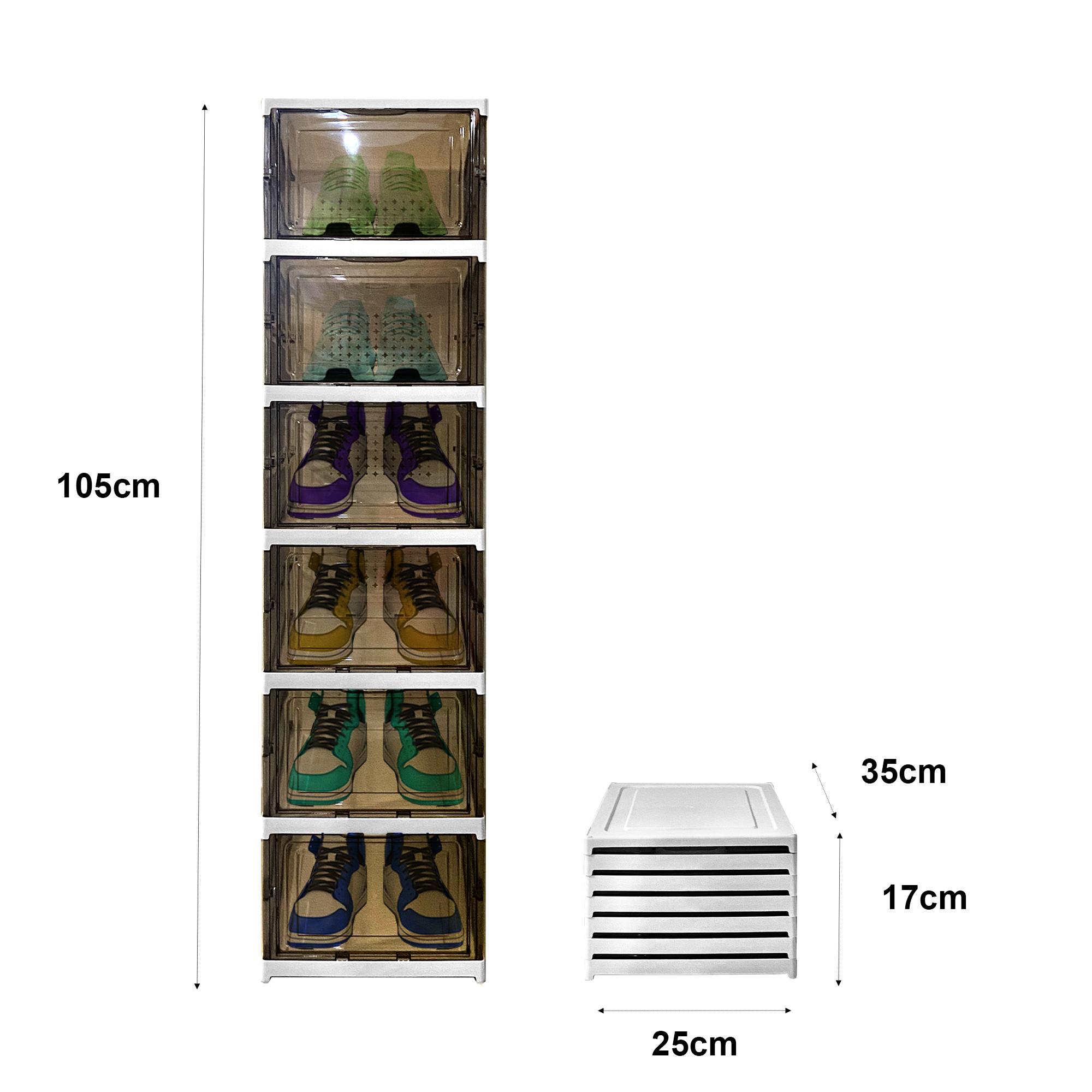 Pila de cajas de zapatos, 105 cm de altura, con zapatillas coloridas.