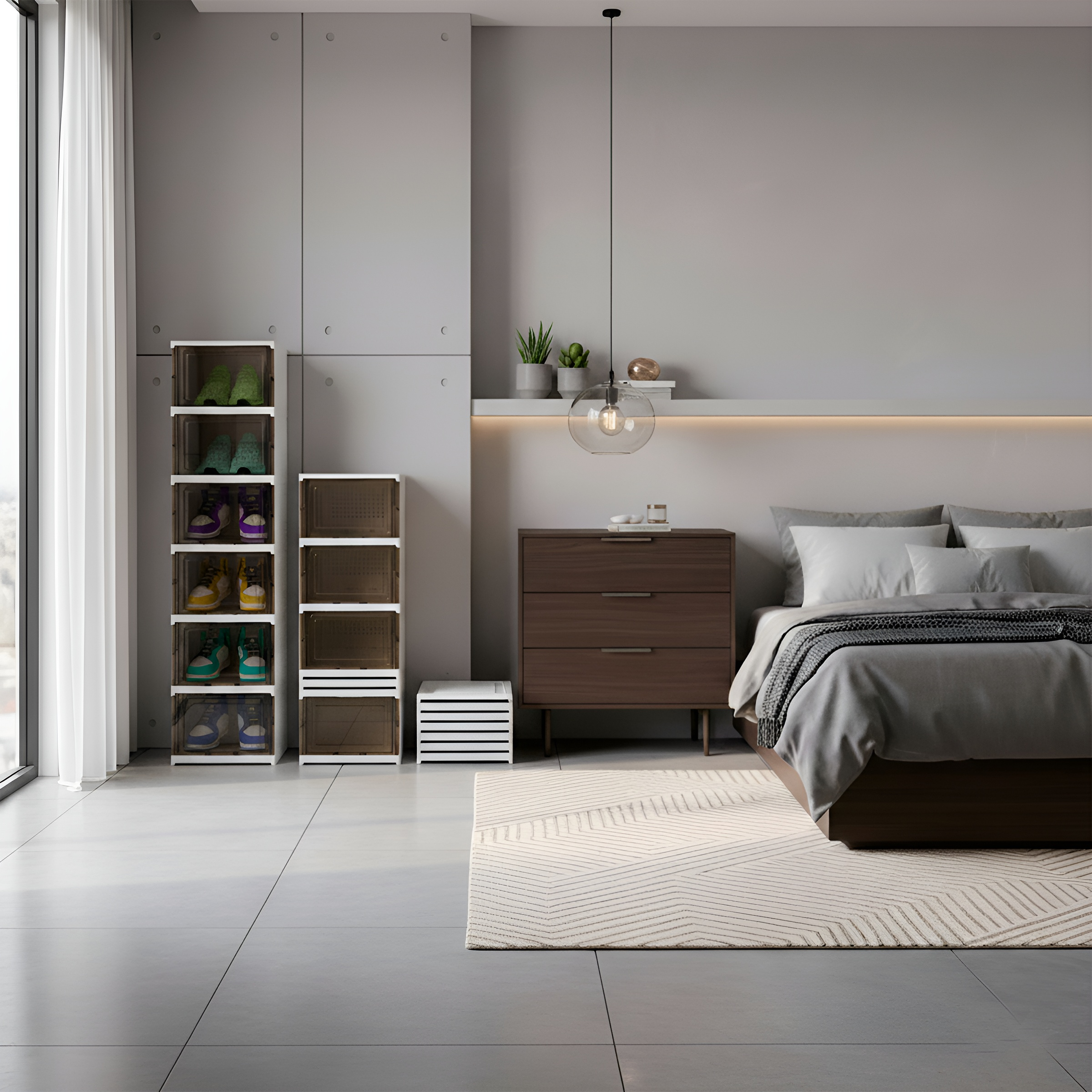 Dormitorio moderno con zapatos en estantes apilables, mesita de noche y cama.