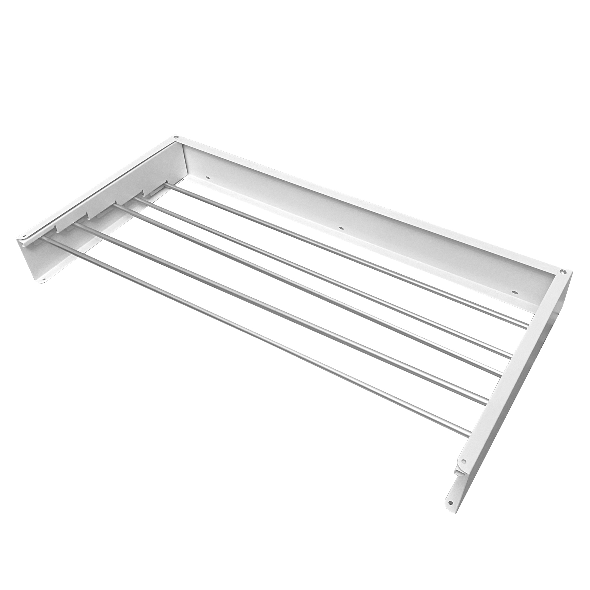 Un tendedero plegable de metal blanco con cuatro barras plateadas.