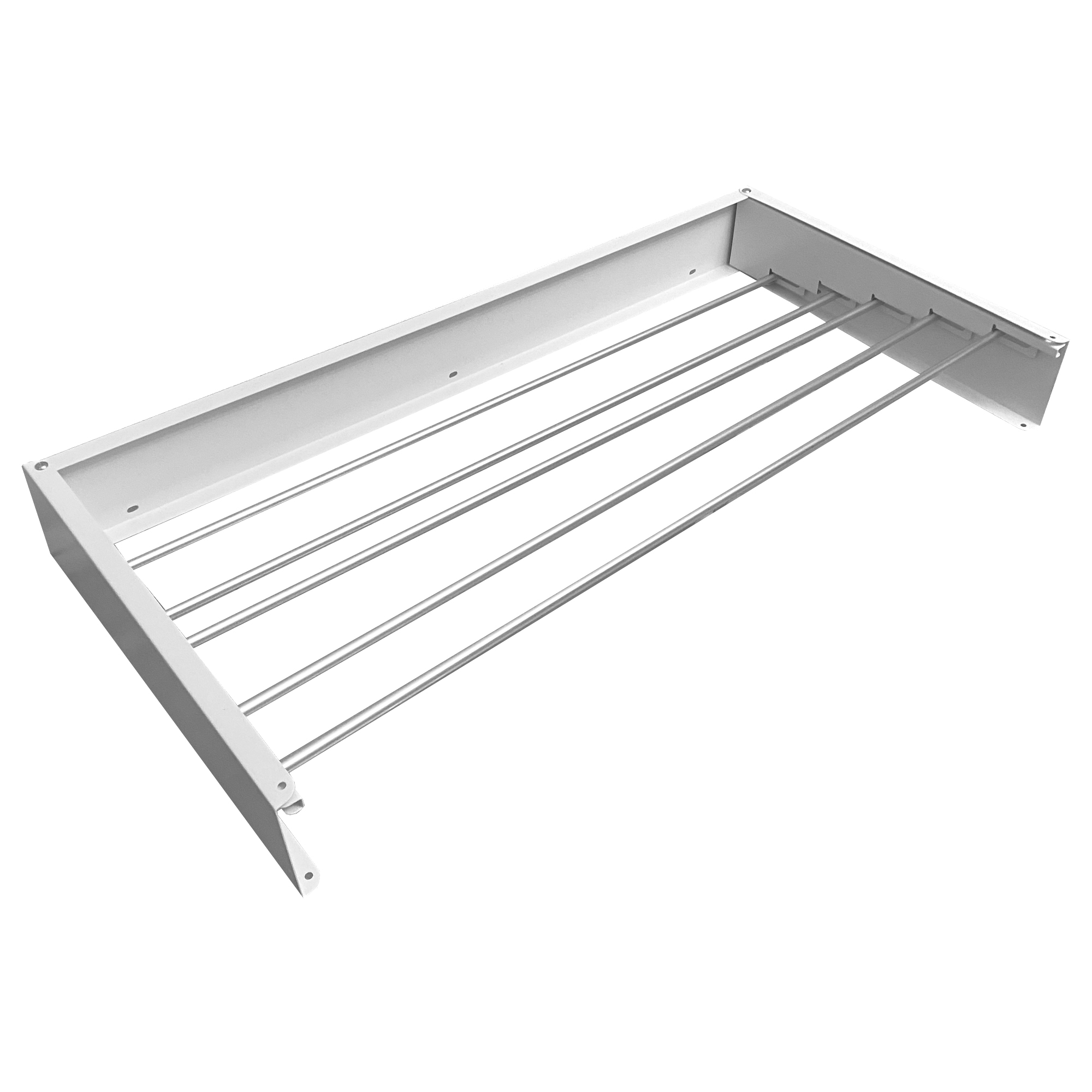 Un tendedero extensible con marco blanco y barras plateadas.